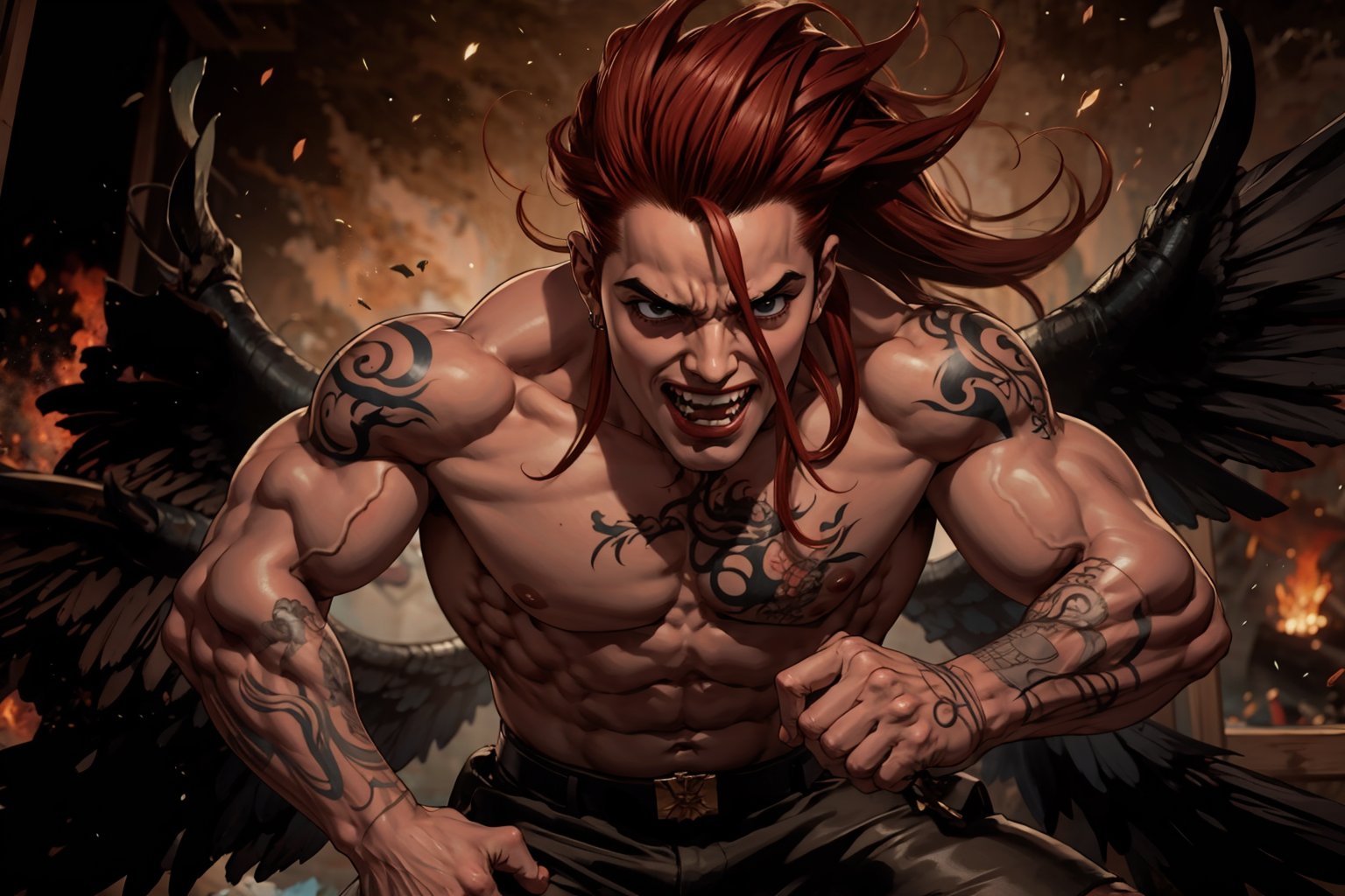 In Chinese mythology, solo, 1male, monster, dishevelled hair, dark red hair, cyan face, fangs, fat lips, wide mouth, strong, muscular, short, (wing), evil, tattooed all over, (giggle:1.2), ancient China style, boichi manga style