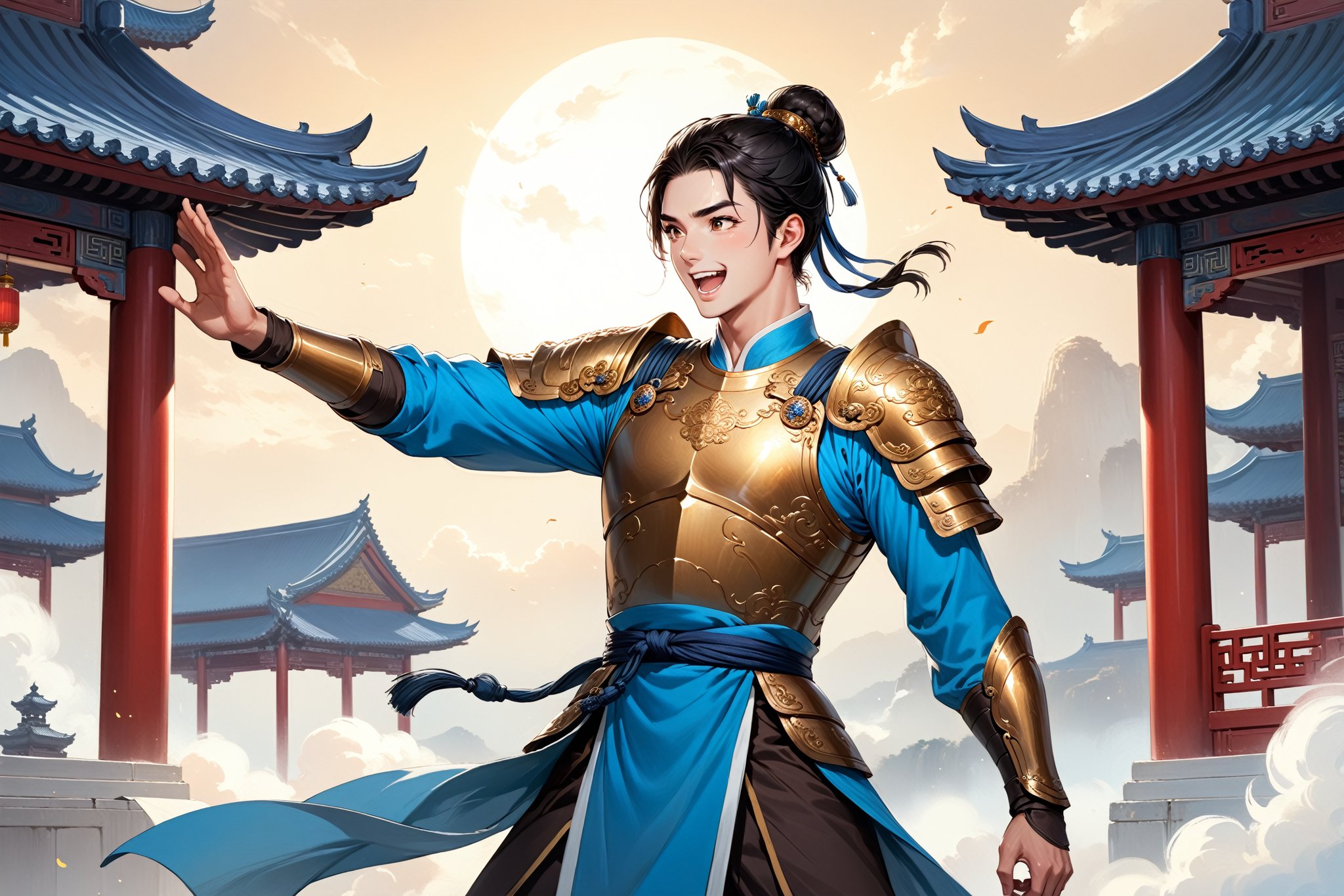 masterpiece, beautiful and aesthetic, ultra detail, intricate, (solo, 1male:1.5), 25 years old, detailed character design, Chinese mythology story, a heavenly guardian, serene expression, manly, bushy eyebrows, wide eyes, wide jaw, laugh, (black hair, a single hair bun), tall and lean, (Han Chinese clothing, armor, brown), from view, dynamic pose, standing, holding a book, creating a picturesque view of a heavenly palace, in soft and ethereal light.