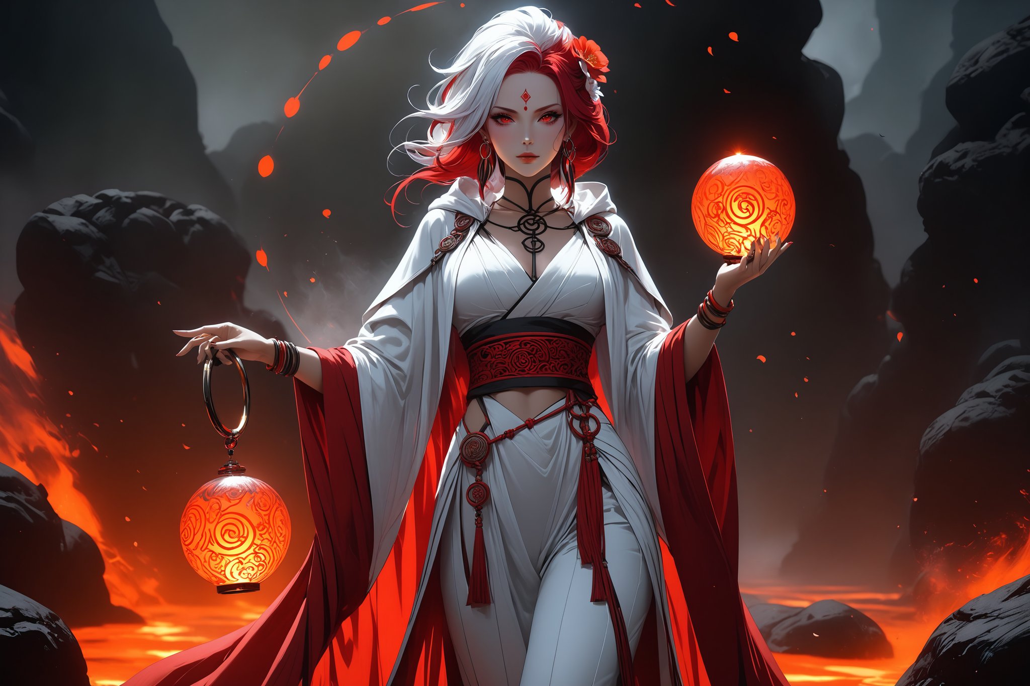 masterpiece, beautiful and aesthetic, ultra detail, intricate, 1female, 40 years old, detailed character design, sorceress, mysterious, (a red mole on forehead:1.2), red eyes, hoop earrings, (medium hair, traditional Chinese updo, Split-color Hair, white Hair, red Hair), hair flower, bangle, short stature, hooded cloak, (Taoist robe, pants, orange), cane, full body:1.2, dynamic pose, her hands crackling with arcane energy, standing on lava, smokey, mysterious colorful, magic effect, in heavenly palace