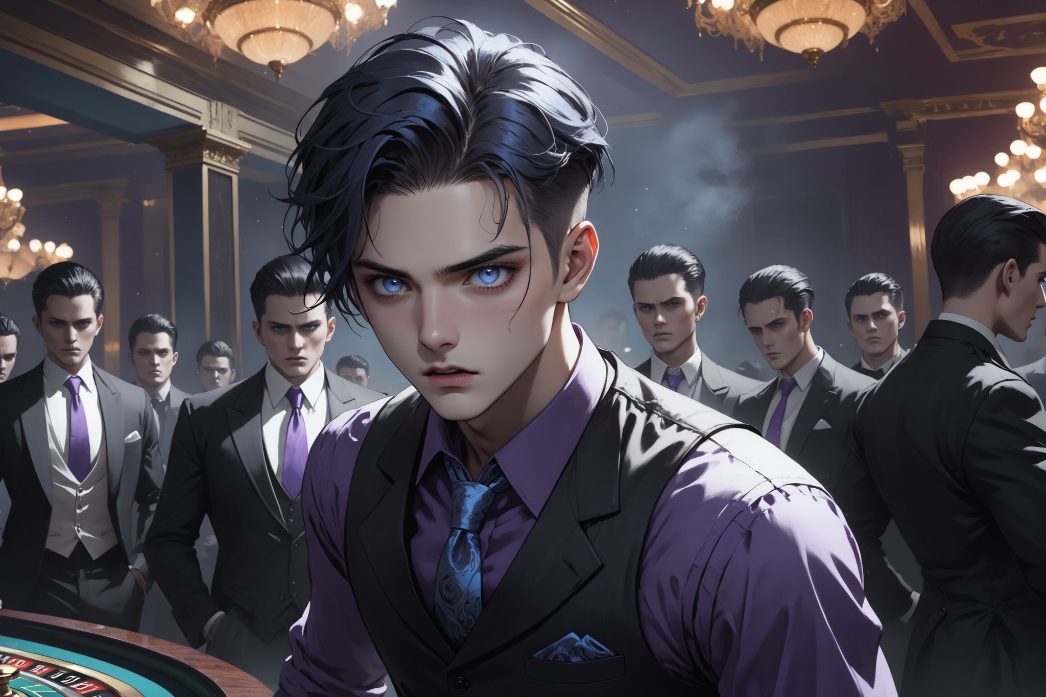 horror-themed {prompt} . eerie, unsettling, dark, spooky, suspenseful, grim, highly detailed, masterpiece, beautiful and aesthetic, ultra detail, intricate, 1male, solo, 23 years old, detailed character design, delicate face, (panic expression), light blue eyes, (dark hair, Classic Undercut), silver waistcoat, purple shirt, deep blue tie, (wide angle view), (grabbed by gansters:1.5), (strggle:1.5), in the casino 