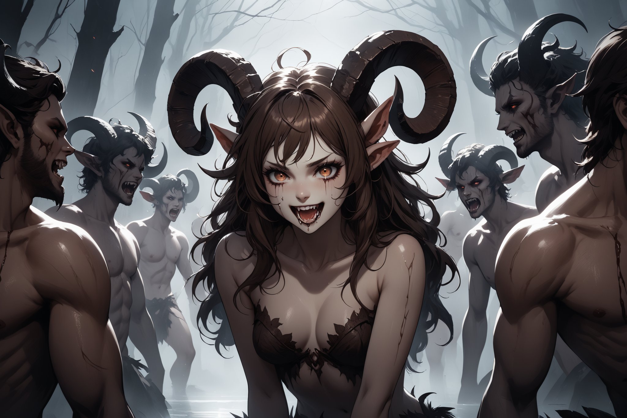 Dark Moody Atmosphere, {prompt}, dramatic, mysterious, dark moody atmosphere, masterpiece, beautiful and aesthetic, ultra detail, intricate. Describes a group of Satyr, staring at a long brown hair woman's body, showing ferocious faces, drooling, and smiling evilly