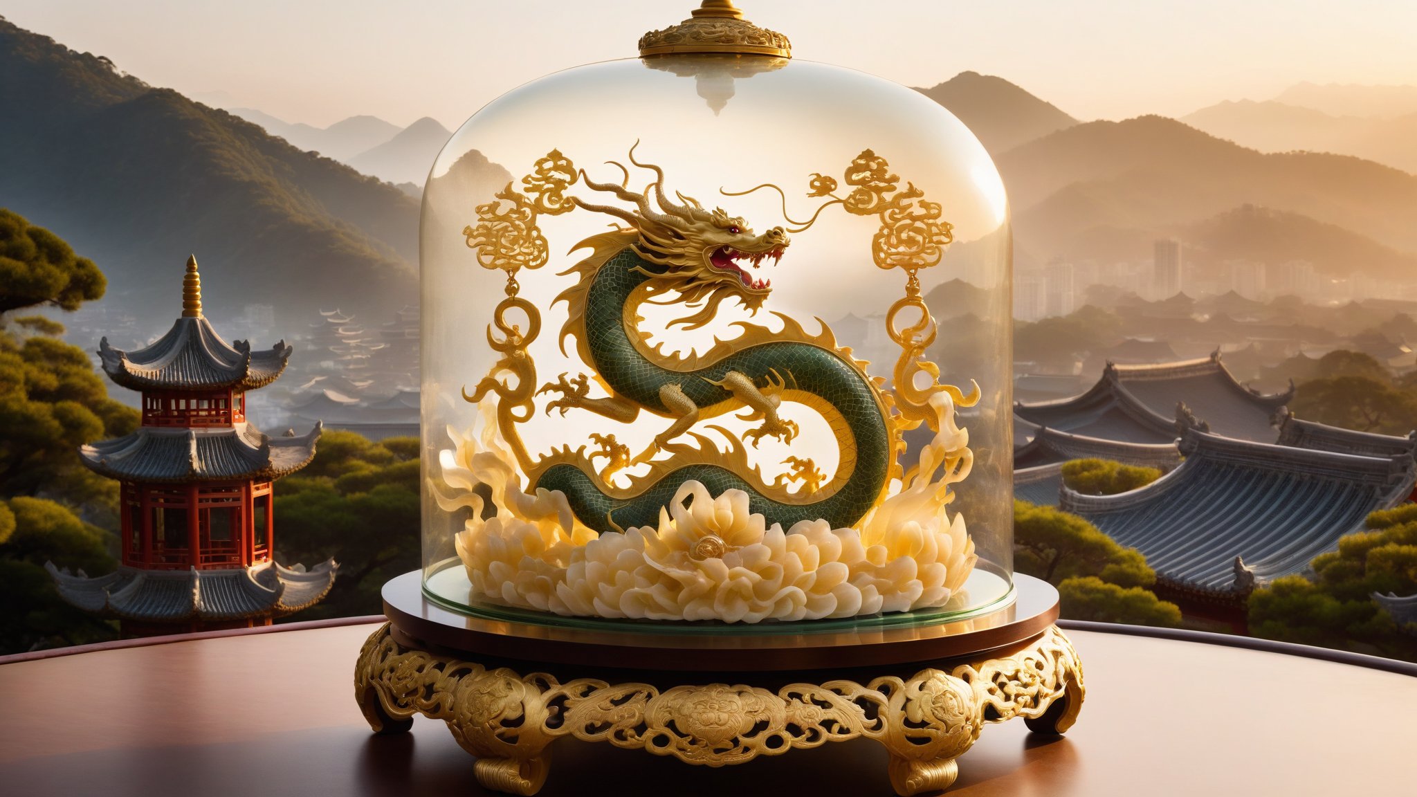 Within an ornate, intricately carved frame, a regal Golden Jade Dragon bursts forth from a plush velvet-lined jewel case, its luminescent scales radiating an aura of ancient mystique under warm, golden lighting. Soft focus blurs the cityscape's mist-shrouded mountains and pagoda-topped rooftops in the background, while delicate carvings of Chinese symbols dance across the frame's surface, evoking a sense of otherworldly power and enchantment.