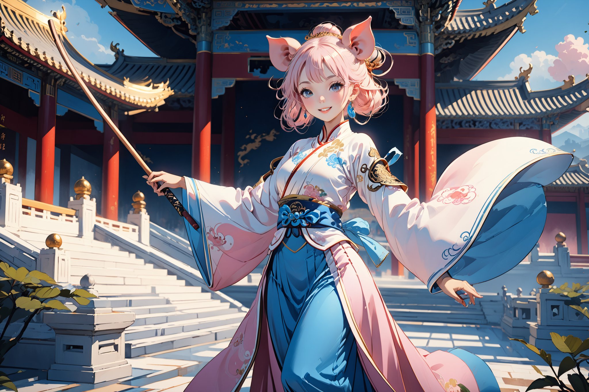 masterpiece, beautiful and aesthetic, ultra detail, intricate, solo, (1female, Pig features, Pig ears), detailed character design, smile sweetly, light pink skin, silver hafu, wide sleeves, blue long skirt, she holding a long stick, dynamic pose, Chinese martial arts animation style, outdoors, heavenly palace, countless palaces