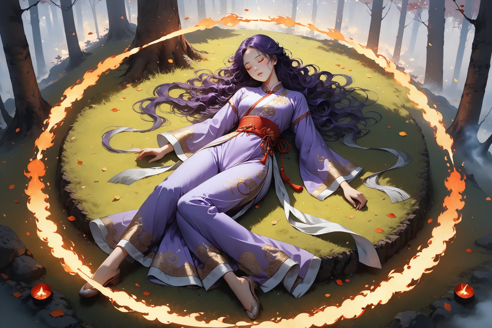 masterpiece, beautiful and aesthetic, ultra detail, intricate, In Chinese mythology, solo, 1girl, a heavenly guardian, closed eyes, long curly hair, purple hair, tall and thin, (Han Chinese Clothing, pants), (full body:1.2), asleep, dynamic pose, lying on the grass, (flames circle around her:1.5), forests, mists, autumn leaves fluttering around