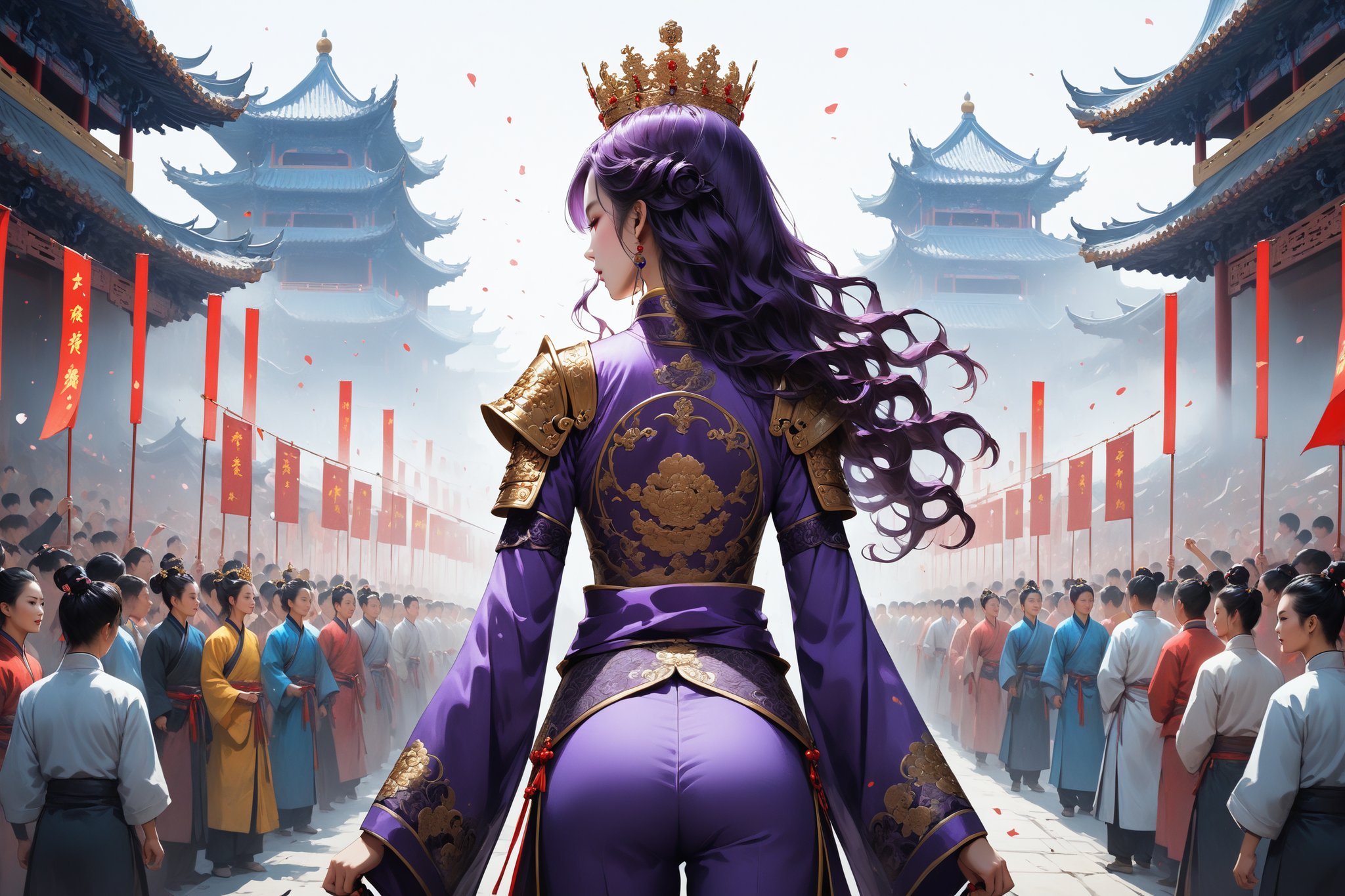 masterpiece, beautiful and aesthetic, ultra detail, intricate, In Chinese mythology, solo, 1girl, crown, long curly hair, purple hair, tall and thin, Han Chinese Clothing, armor, pants, (back view:1.5), dynamic pose, Holding aloft the champion's prize, surrounded by cheering crowds