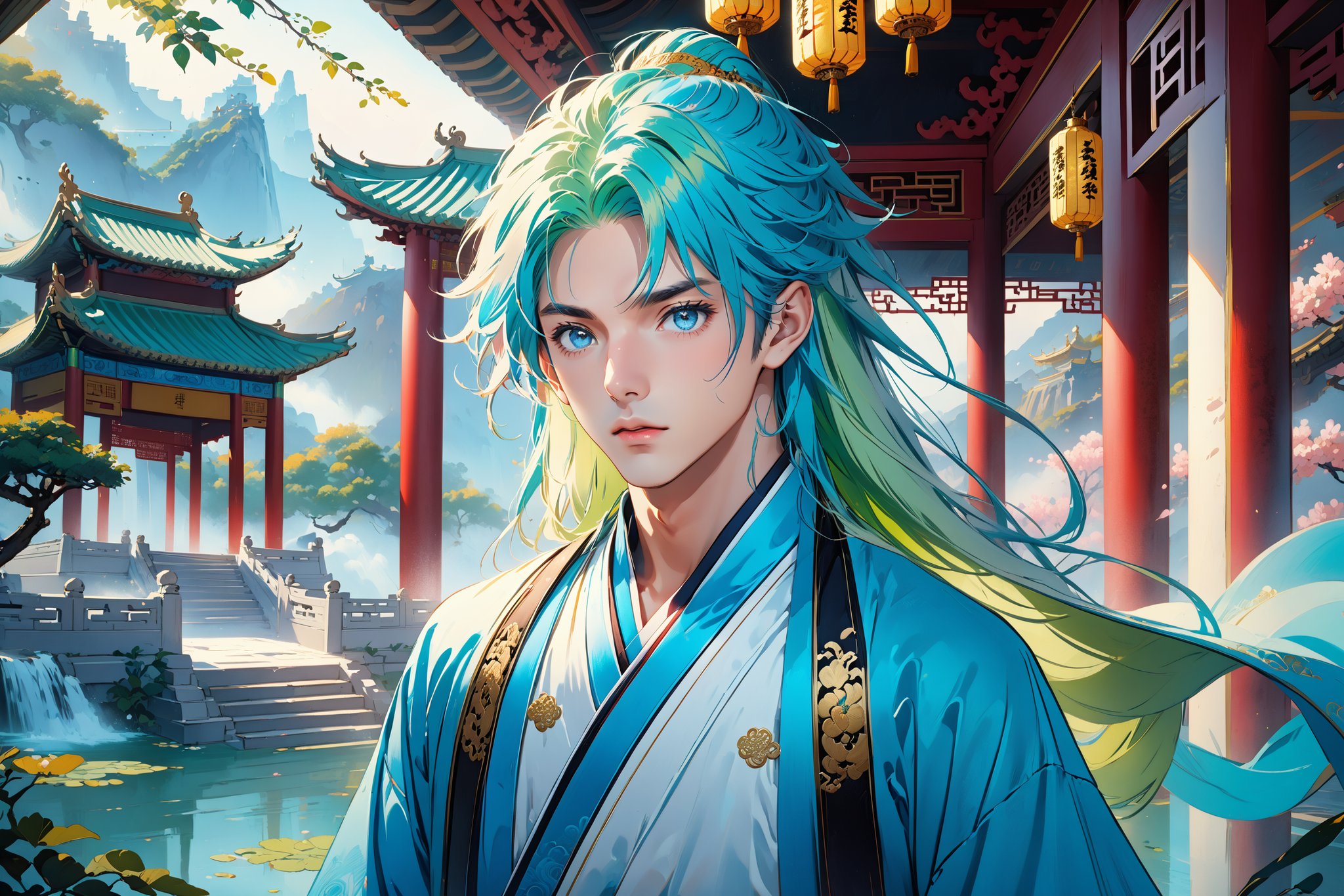 masterpiece, beautiful and aesthetic, ultra detail, intricate, solo, 1male, 25 years old, handsome, (long eyes, blue eyes), (long hair, Split-color Hair, Light Green Hair, Blue Hair), tall, (Han Chinese Clothing, green), flowing robe, upper body, dynamic pose, heroic stance, creating a picturesque view of a heavenly palace, bathed in soft and ethereal light.