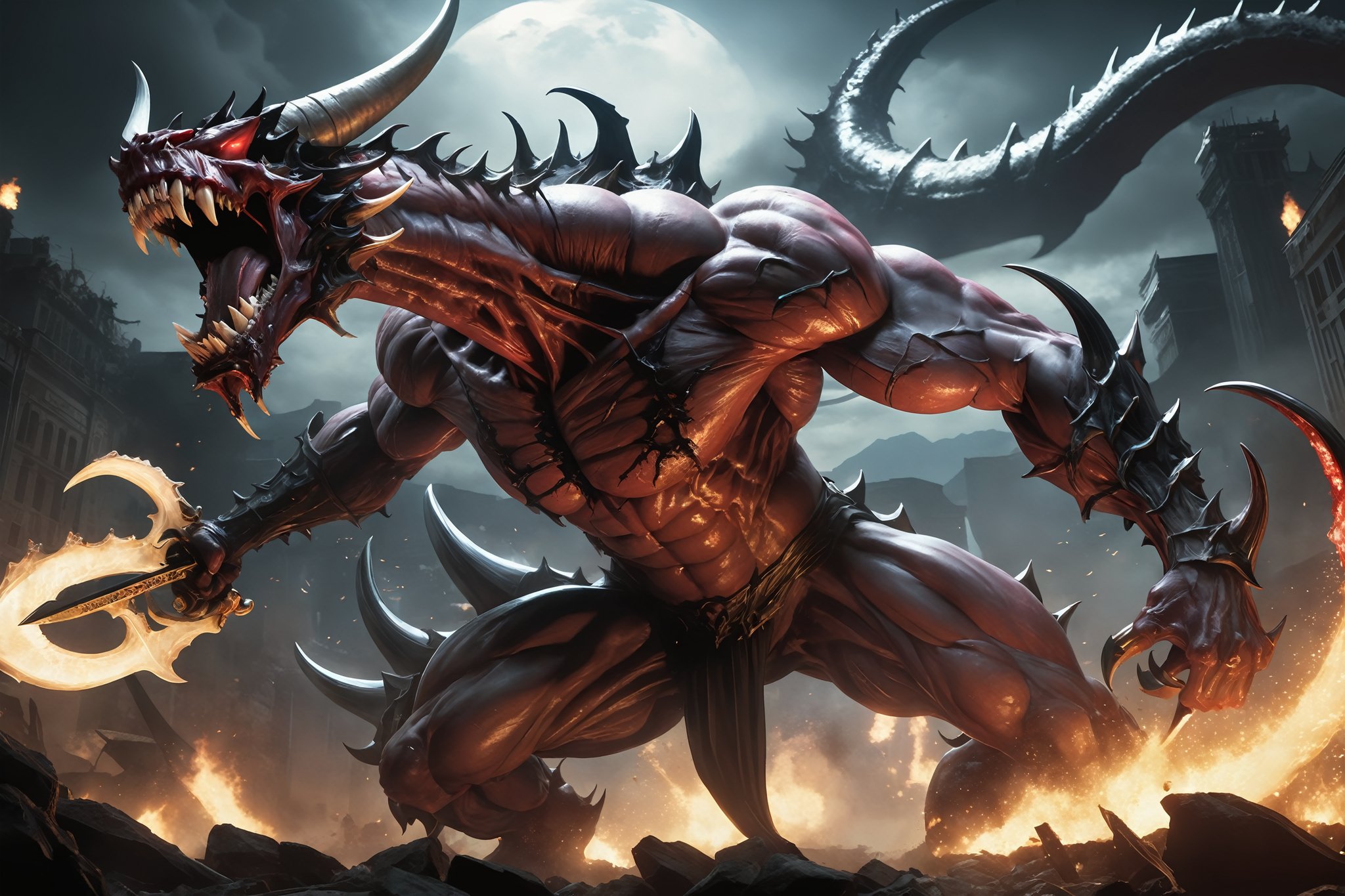 In this breathtaking UHD masterpiece, a fierce 6-demon, scarface creature brandishes a cutlass in a wide-angle shot, showcasing its monstrous maw and ghostly eyes. The demonic figure embodies the spirit of the wild, with vibrant, dynamic pose amidst a battlefield scene. Dramatic lighting casts an eerie glow, highlighting the character's muscular, flesh-mutant form adorned with glistening tumors. A detailed, high-quality design brings this 2D anime-style demon to life in a fighting game-inspired scene, exuding top-notch quality and ultra-high resolution.