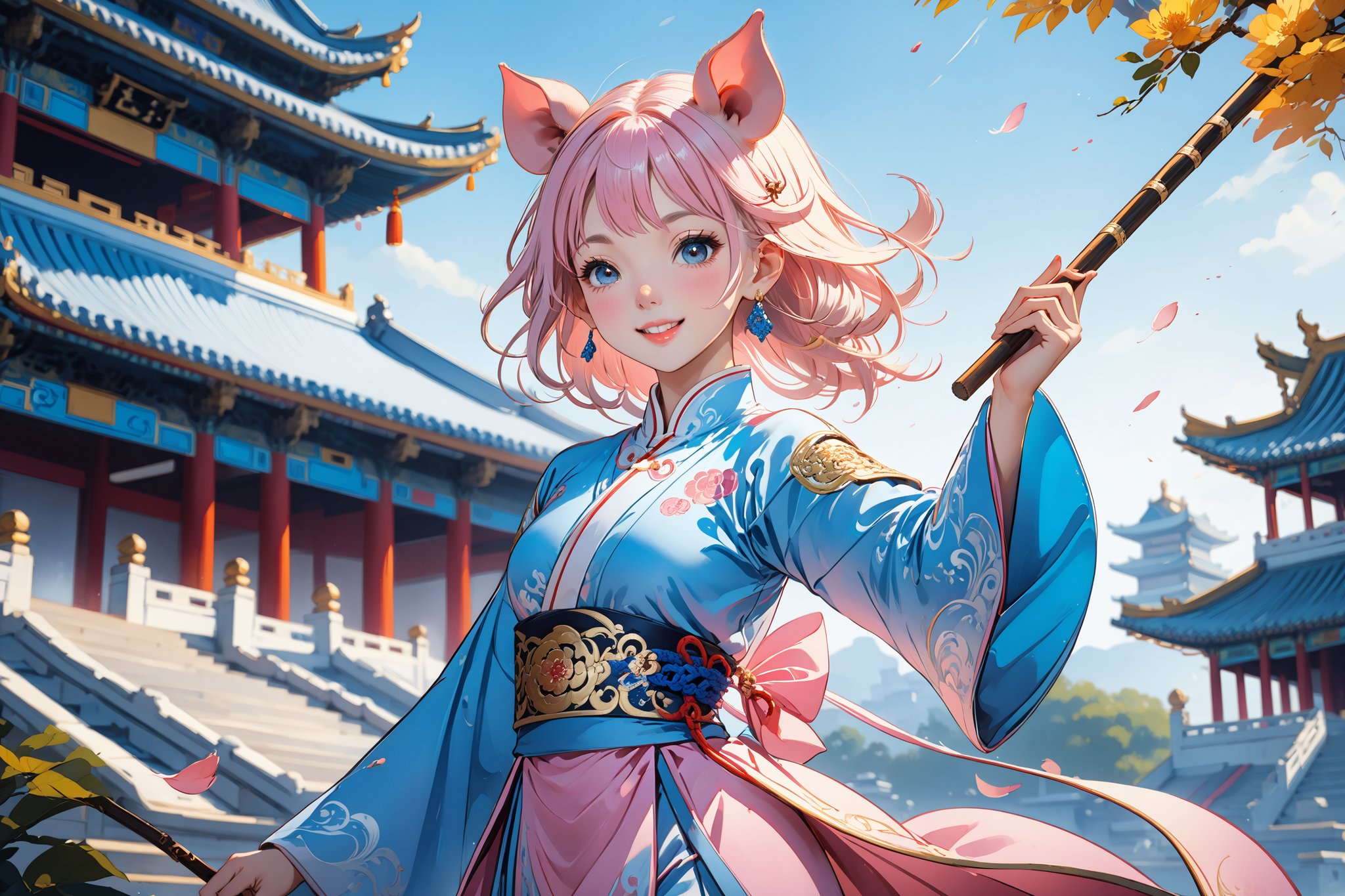 masterpiece, beautiful and aesthetic, ultra detail, intricate, solo, (1female, Pig features, Pig ears), detailed character design, smile sweetly, light pink skin, silver hafu, wide sleeves, blue long skirt, she holding a long stick, (close-up:1.5), dynamic pose, Chinese martial arts animation style, outdoors, heavenly palace, countless palaces