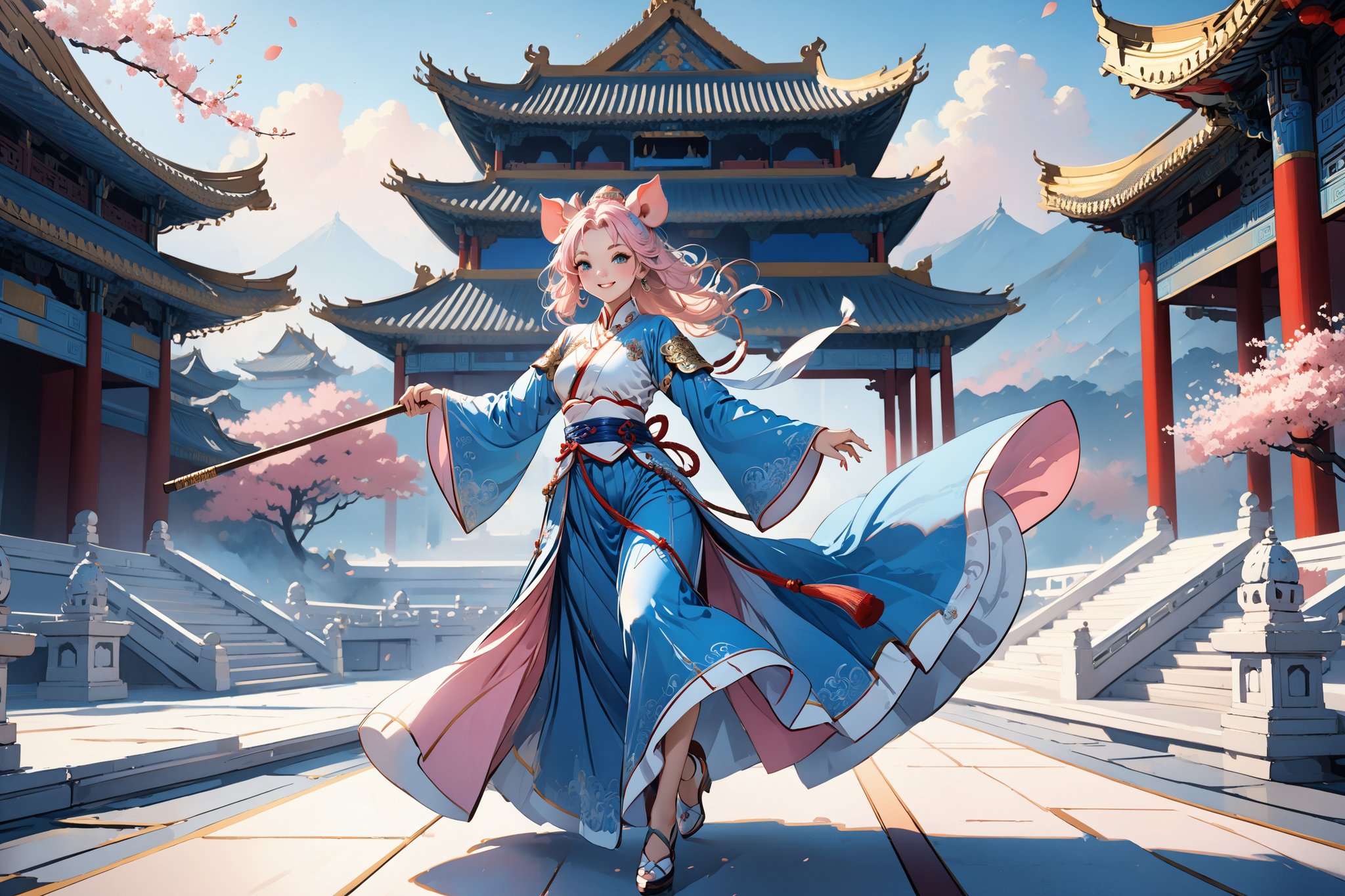 masterpiece, beautiful and aesthetic, ultra detail, intricate, solo, (1female, Pig features, Pig ears), detailed character design, smile sweetly, light pink skin, silver hafu, wide sleeves, blue long skirt, she holding a long stick, (medium full shot:1.5), dynamic pose, Chinese martial arts animation style, outdoors, heavenly palace, countless palaces