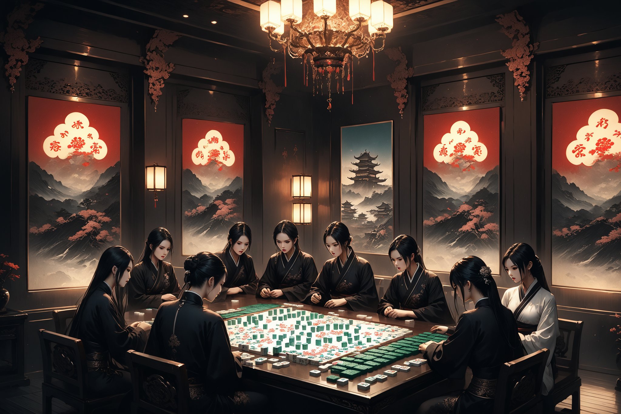 Dark Fantasy Art, {prompt}, dark, moody, dark fantasy style, masterpiece, beautiful and aesthetic, ultra detail, intricate, people paly mahjong, crowded, in mahjong house