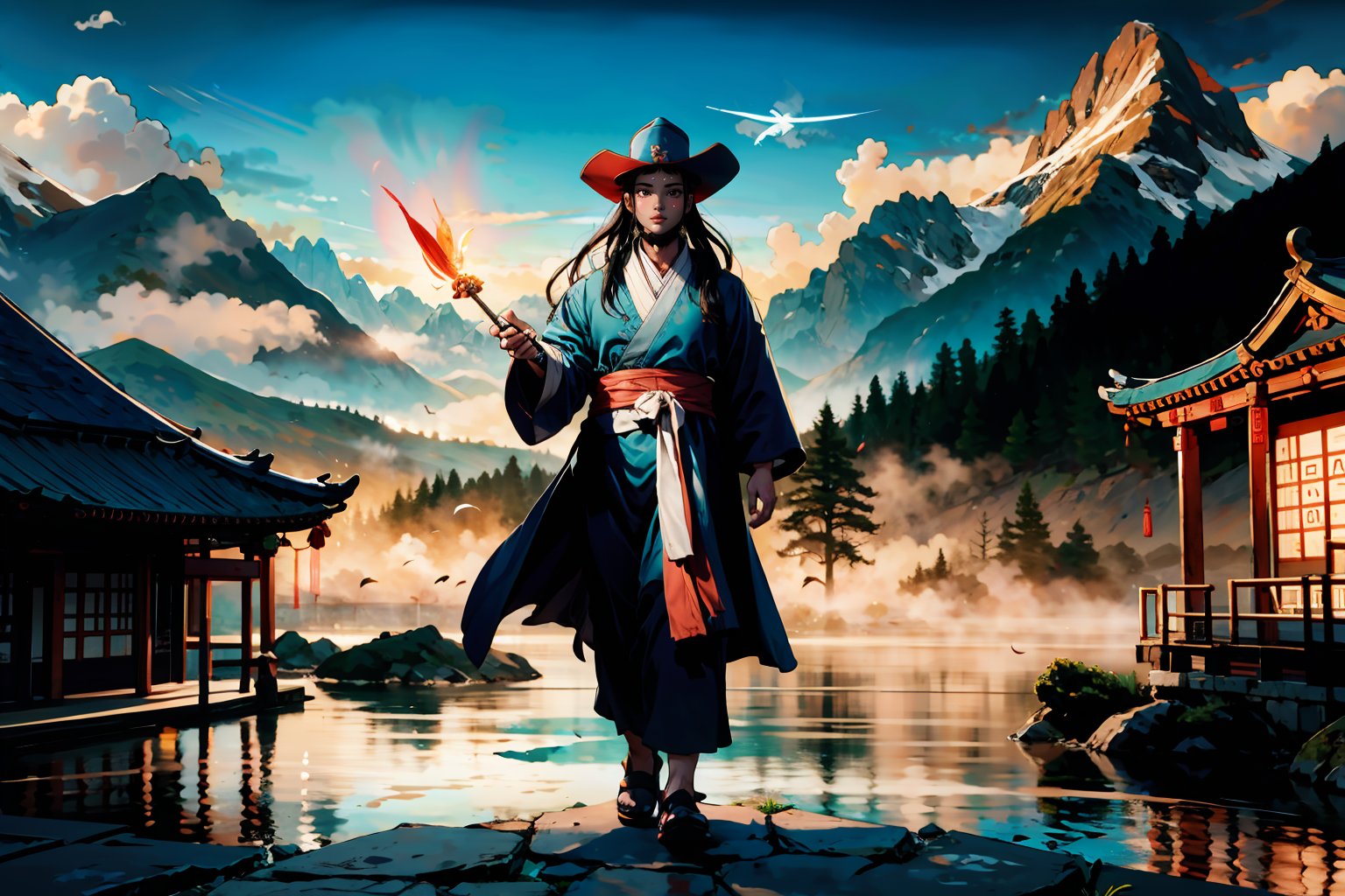 Chinese mythology story, solo, 1man, forty years old, Taoist hat, long black hair, two beards, aqua Taoist robe, holding a feather fan, thin and tall, full body, mountain, chinese temple background, boichi manga style