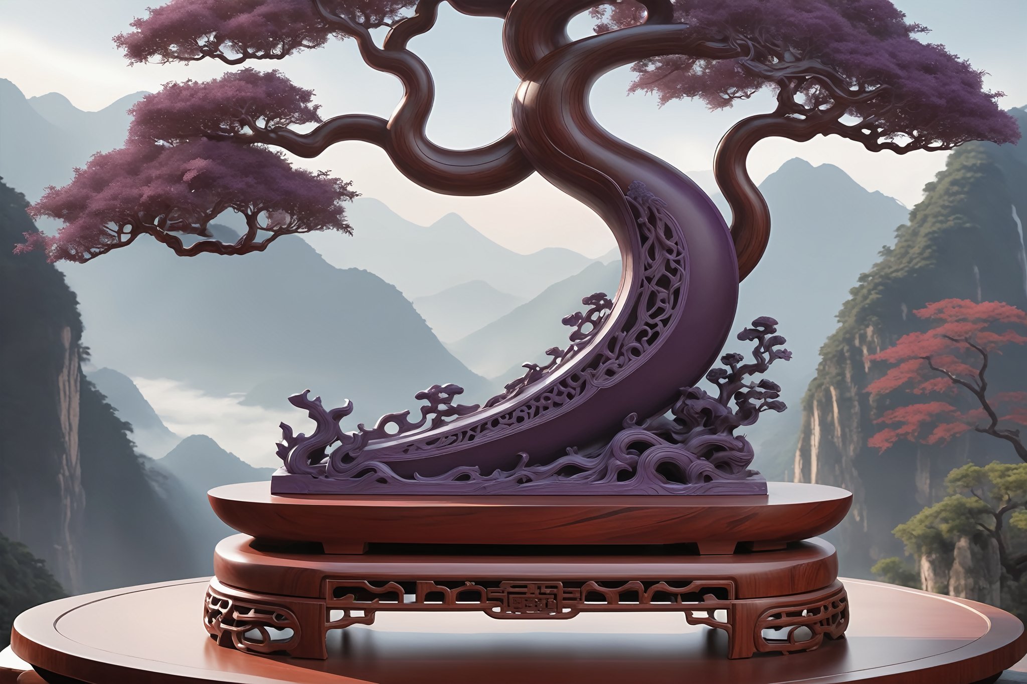 A majestic guzheng-shaped purple tree root, crafted from revered red sandalwood of the Tianshan Mountains, stands majestically on an intricately carved, delicate base in ancient China. Anime-inspired 2D artwork captures the mystical essence of Chinese mythology, with soft, vibrant hues and meticulous detail, as if plucked from a legendary scroll.