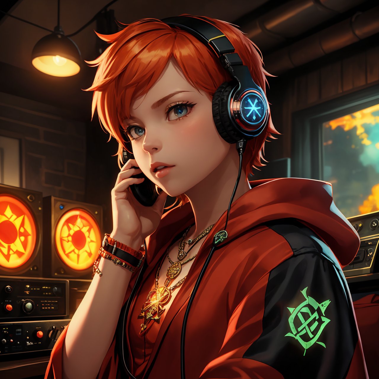 exquisite details and texture, detailed face, anatomy correct, best quality, ultra detailed, photorealistic, ((cinematic scenic view of 1 boy)), short hair, orange hair, sunglasses, wore a pair of headphones, red colored robe, cool, flame tattoos, flame pentagram necklace. He was a radio DJ, playing music in a tiny radio studio, front view, upper body, punk style