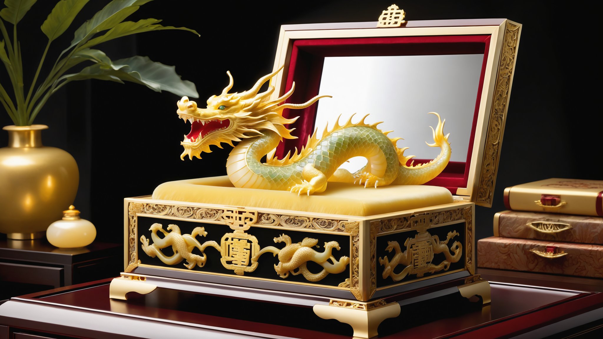 A regal Golden Jade Dragon emerges from a plush-lined jewelry box, its luminous scales radiant under warm, gentle illumination that casts a subtle glow on the surrounding velvet. Framed by an exquisite, ornate border, the dragon's form is complemented by delicate carvings of ancient Chinese characters, evoking an aura of mystique and awe-inspiring power.