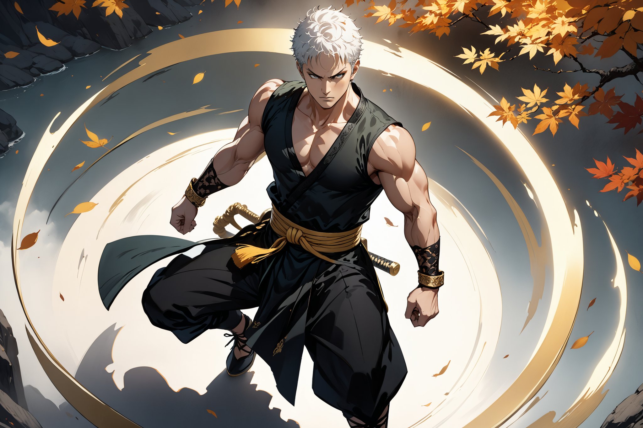 masterpiece, beautiful and aesthetic, ultra detail, intricate, 1male, solo, representation of the legendary martial artist, Roronoa Zoro features, detailed character design, serious expression, (white hair), exquisite body, strong abdominal muscles, (golden armlet:1.2), (black half gloves), black martial arts belt, (black Hanfu, sleeveless), black lace-up ankle brace, (he wields a single golden broadsword, unique and finely detailed), (from above:1.5), dynamic pose, he stands tall and resolute, exuding an air of strength and unwavering determination. Chinese martial arts animation style, autumn leaves fluttering around, Inspired by Chinese mythology story