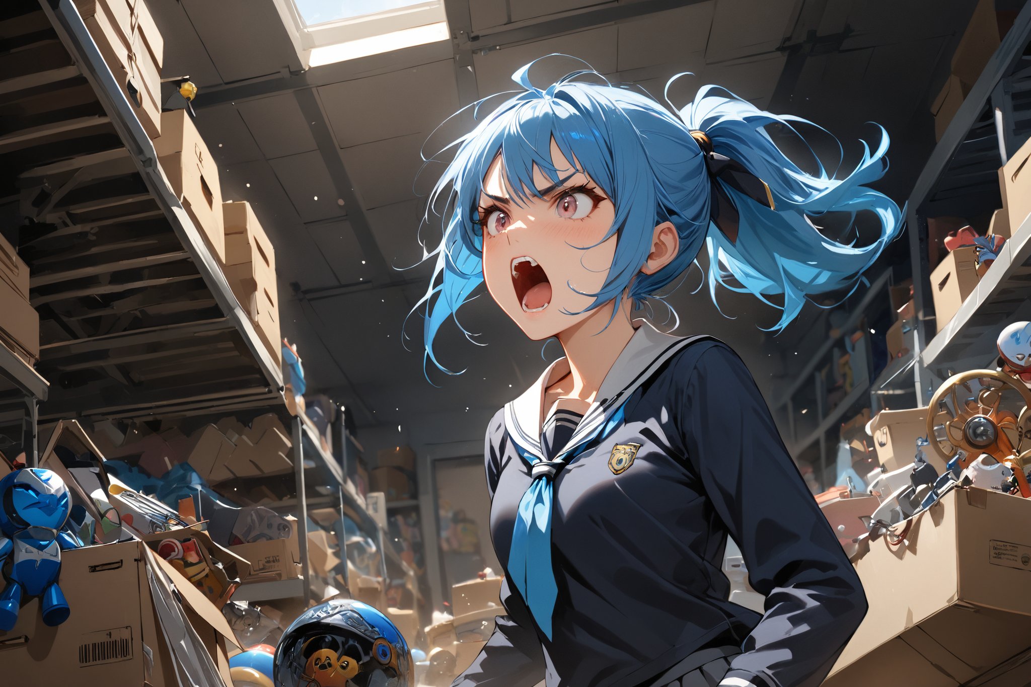 masterpiece, beautiful and aesthetic, ultra detail, intricate, detailed character design, 1girl, solo, teenage, (fierce expression, yelling), (blue hair, ponytail), (school uniform), (from below), (fighting), in storeroom, toys, stuffs, clutter up