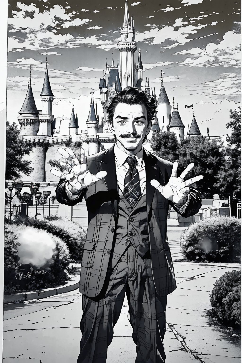 boichi manga style, monochrome, greyscale, solo, a young man, he is Walt Disney, the founder of Disneyland, slicked hairstyle, mustache, traditional plaid suit, smile, happy, open his hands, full body shot, a country station background, ((masterpiece))