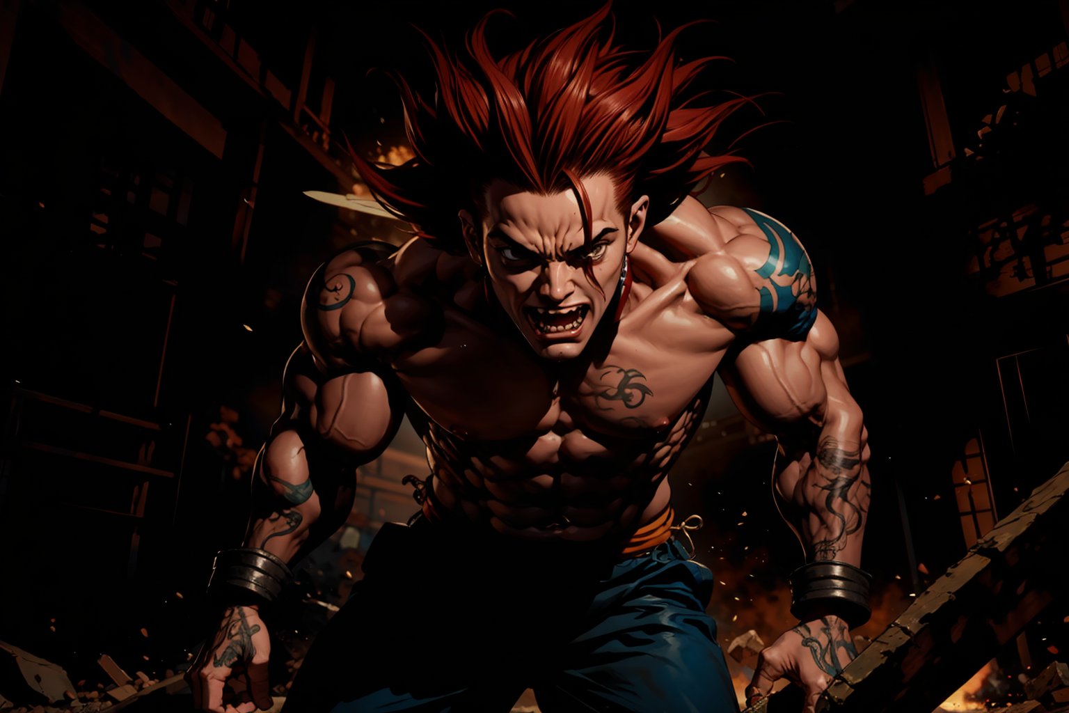 In Chinese mythology, solo, 1male, monster, dishevelled hair, dark red hair, cyan face, fangs, fat lips, wide mouth, strong, muscular, short, (wing), evil, tattooed all over, (shackles, in the prison:1.2), ancient China style, boichi manga style
