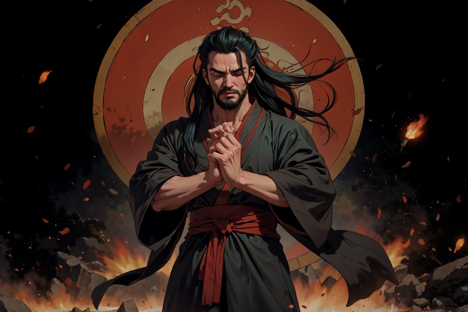Chinese mythology story, solo, 1man, forty years old, long black hair, two beards, aqua Taoist robe, thin and tall, closed eyes, he lowered his head and murmured to himself, with his hands clasped on his chest, Chinese martial arts animation style, boichi manga style