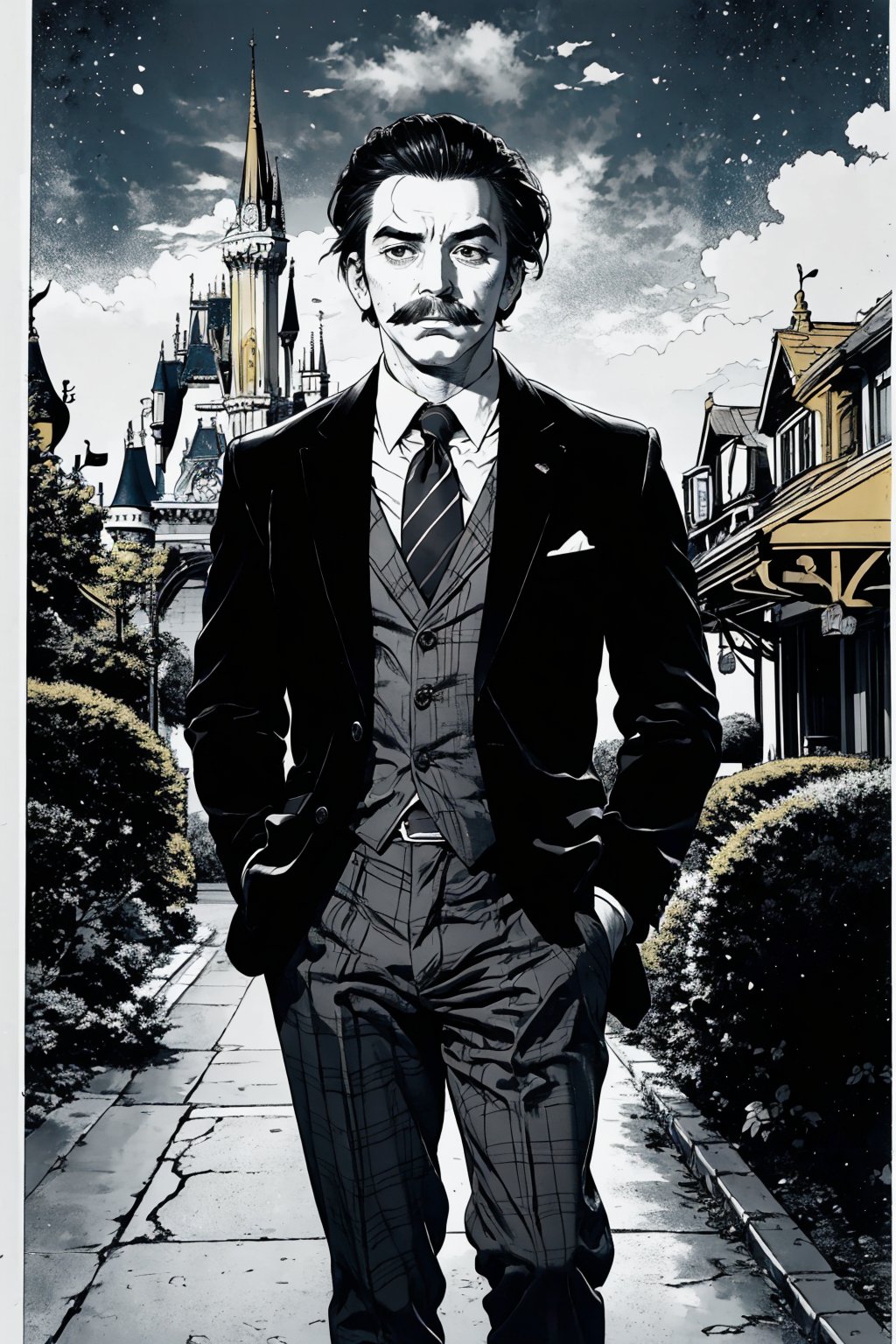 boichi manga style, monochrome, greyscale, solo, a young man, he is Walt Disney, the founder of Disneyland, slicked hairstyle, mustache, traditional plaid suit, spread his hands, full body shot, a country station background, ((masterpiece))