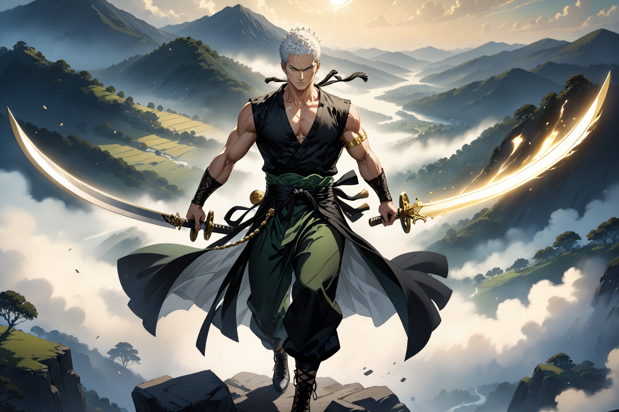 masterpiece, beautiful and aesthetic, ultra detail, intricate, 1male, solo, representation of the legendary martial artist, Roronoa Zoro features, detailed character design, serious expression, (white hair), exquisite body, strong abdominal muscles, (golden armlet:1.2), (black half gloves), black martial arts belt, (black Hanfu, sleeveless), black lace-up ankle brace, (he wields a single golden broadsword, unique and finely detailed). His razor-sharp sword glints in the sunlight, casting a dramatic arc of light and shadow as he deftly chops through the air. The surrounding landscape, a serene misty valley, provides a stunning backdrop to his aerial display.