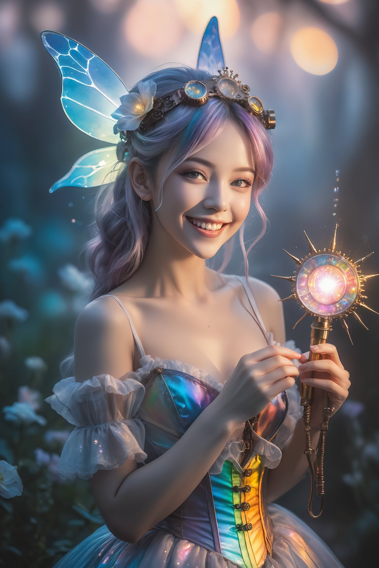 (Toothy smile:1.5), fine art masterclass splash spray trickle daubs of rainbow opaline Prisma Sakuraoil color, Steampunk celestial ethereal ghostly Fairy, HDR, ultra high-detail, centered, bokeh, lens flare, foggy dusk, bloom, light bloom, cinematic lighting, high dynamic range, depth of field, full pose, light, front light, front lighting, perfect light, dream like, anime style, 2d 