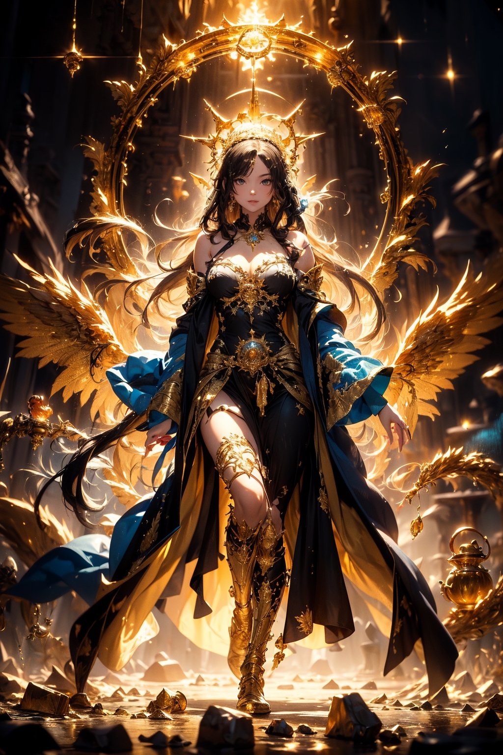 (masterpiece, top quality, best quality, official art, beautiful and aesthetic:1.2), solo, goddess, smile, long hair, long robe, crown, light of wings, full body shot, magic circle. The worlds greatest horde of treasure ever collected, epic proportions, (colorful), dreamlike, gold, jewelry, treasure, riches, pules of gold, gems, riches, treasure vault, biggest treasure in the world, extreme detailed, (abstract, fractal art:1.3), hyper detailed masterpiece, dynamic, awesome quality,