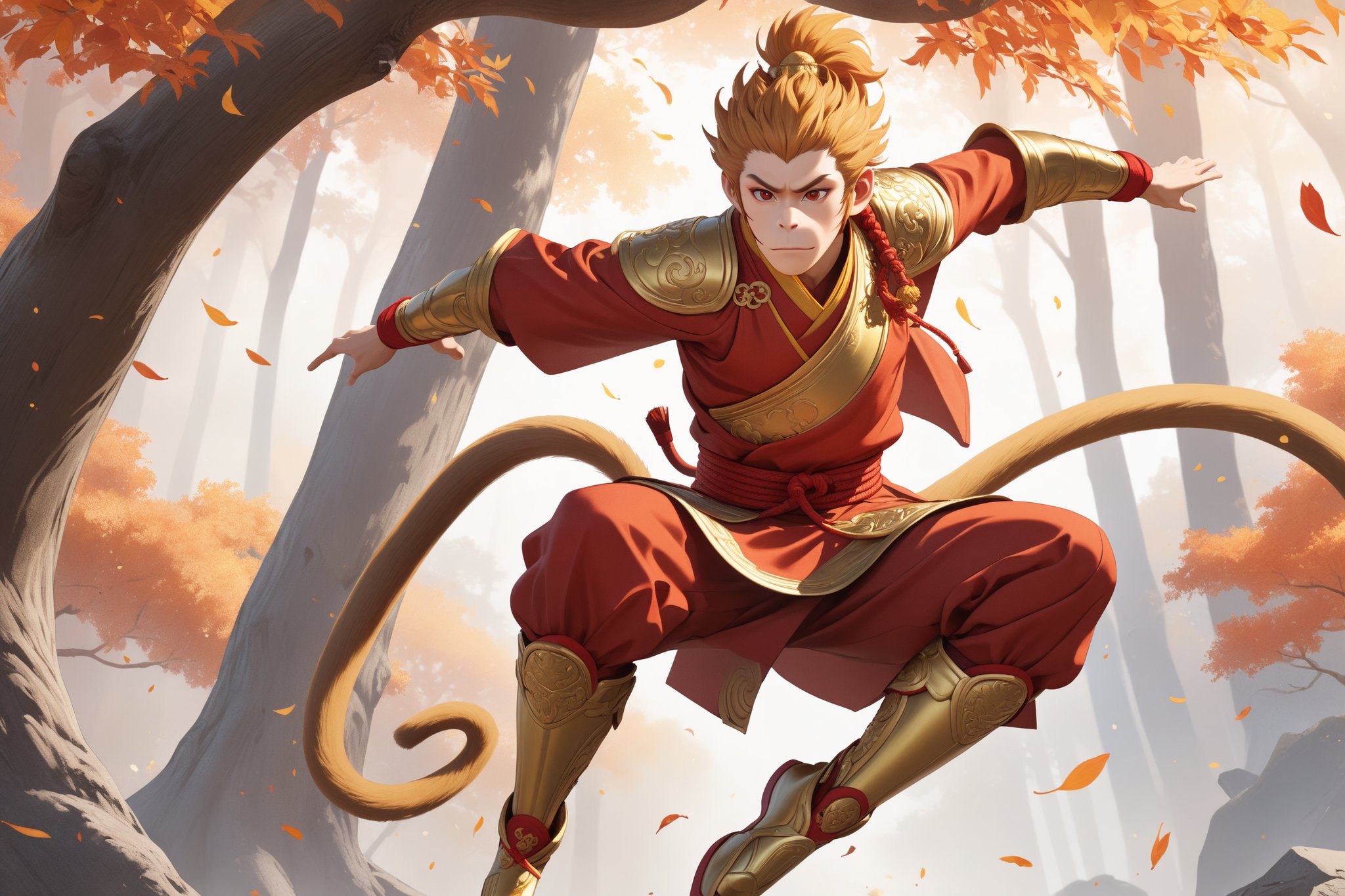 masterpiece, beautiful and aesthetic, ultra detail, intricate, 1male, solo, Monkey King, (monkey features:1.5), detailed character design, red hafu, golden armor, (jump down from a tree), dynamic pose, Chinese martial arts animation style, outdoors, autumn leaves fluttering around, woods