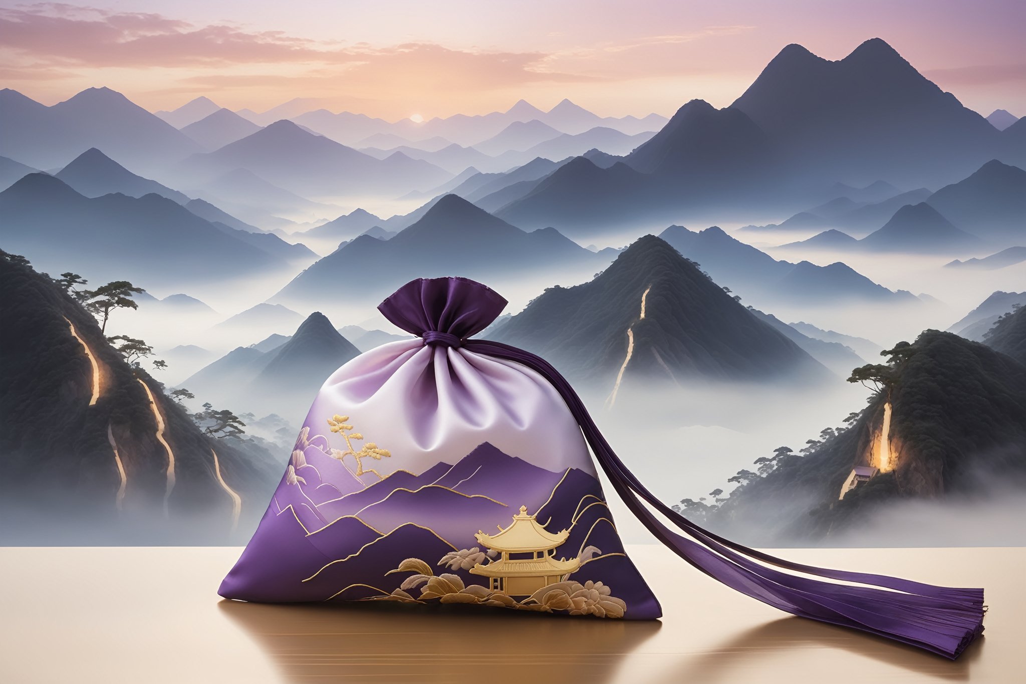 A delicate, palm-sized Chinese sachet, adorned with intricate purple pattern embroidery, rests against a subtle gradient of ancient China's misty mountains. A gleaming golden tie cinches the mouth shut, its warm hue contrasting beautifully with the sachet's soft fabric. In anime style, this 2D scene captures the essence of traditional craftsmanship, as a gentle breeze rustles the sachet's edges, highlighting the exquisite beauty within.