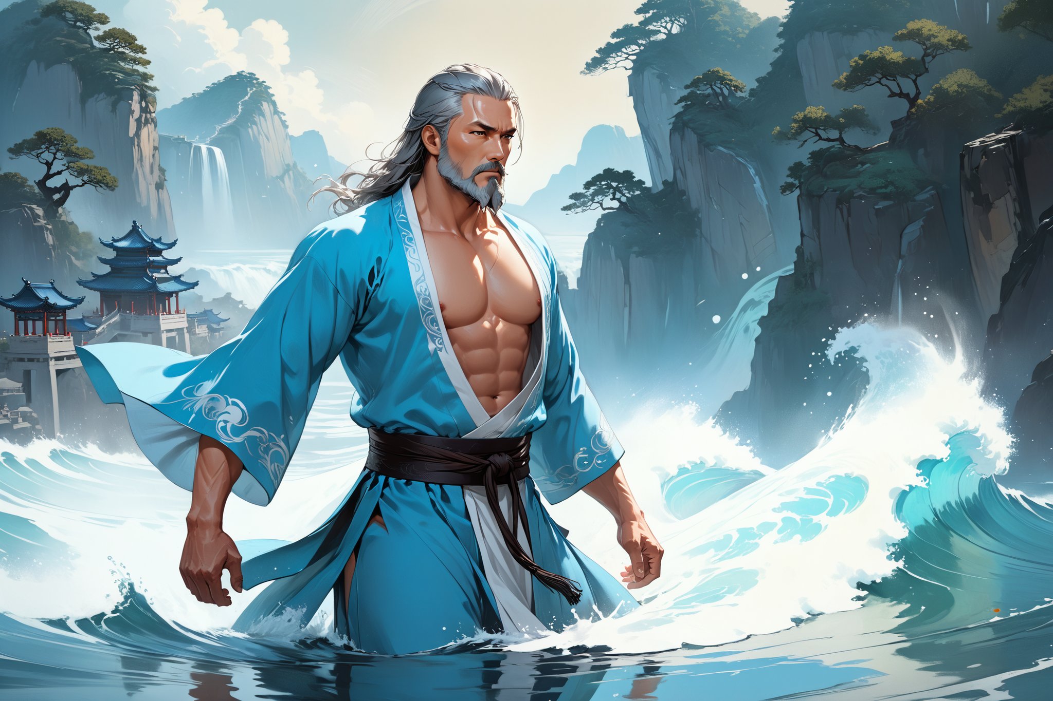 masterpiece, beautiful and aesthetic, ultra detail, intricate, Chinese martial arts animation style, divine, manly, legendary, 1male, solo, (40 years old:1.5), detailed character design, a look of determination, two beards, long grey hair, tall and thin, aqua Taoist robe, upper body, hero view, dynamic pose, walking on water, creating a picturesque view of a heavenly palace, wave, bathed in soft and ethereal light.