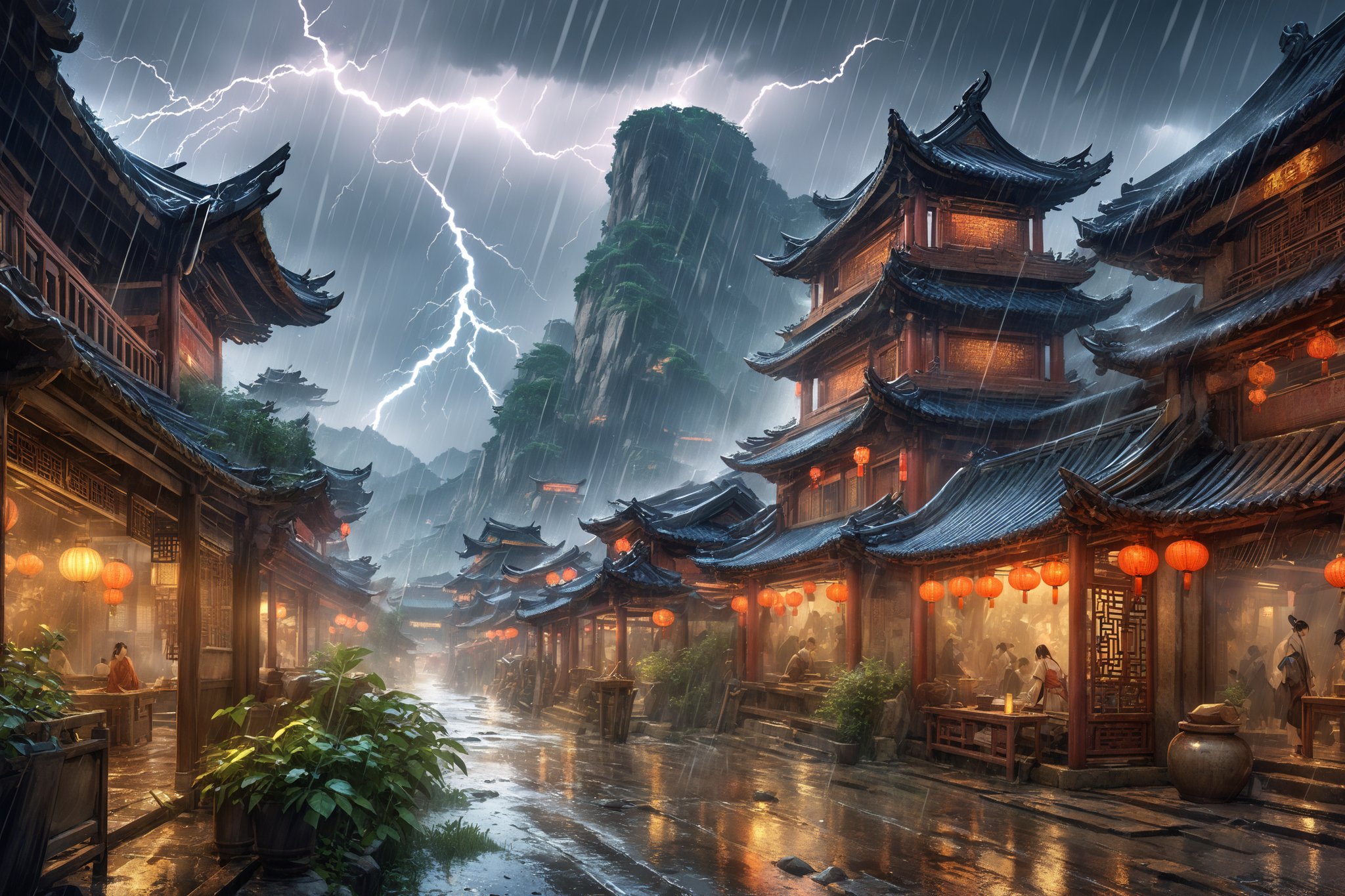 masterpiece, extreme quality, ultra detailed, intricate, UHD, HDR, Depicts a busy scene in ancient Chinese countryside, with strong winds, rain, thunder and lightning, 2D anime style