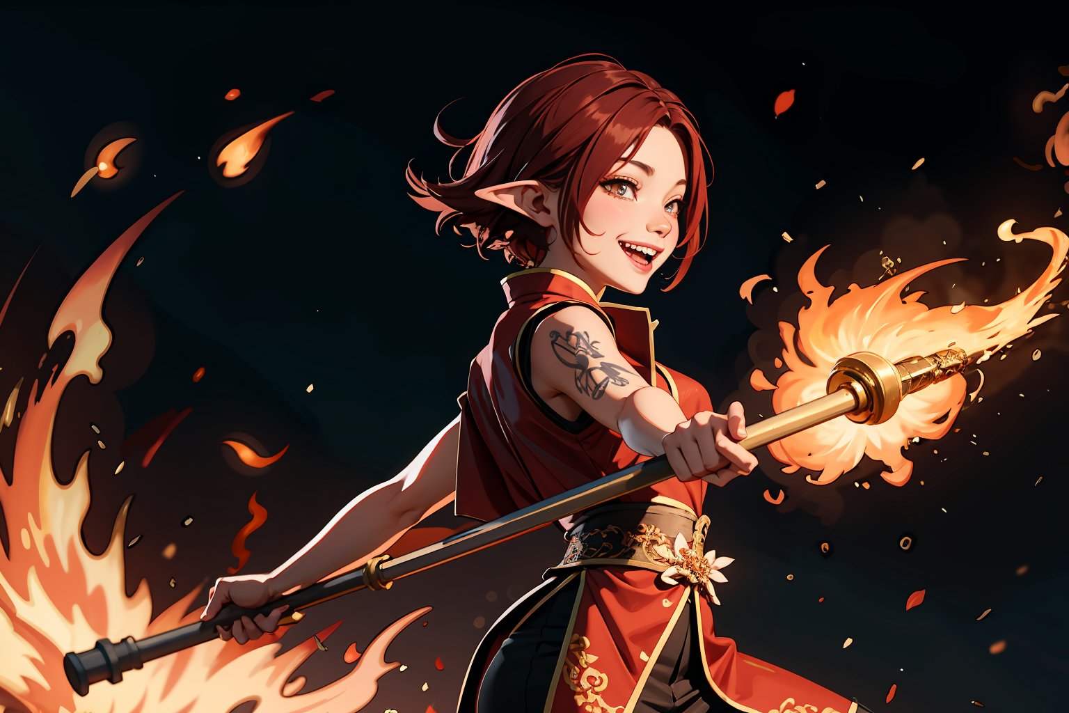 Chinese mythology, solo, 1female, monster_girl, short hair, dark red hair, (giggle:1.2), fangs, sexy lips, pointed ears, strong body, swarthy body, fire phoenix tattoo, (single wing), holding a mace, dark red vest, long pants, Chinese martial arts animation style