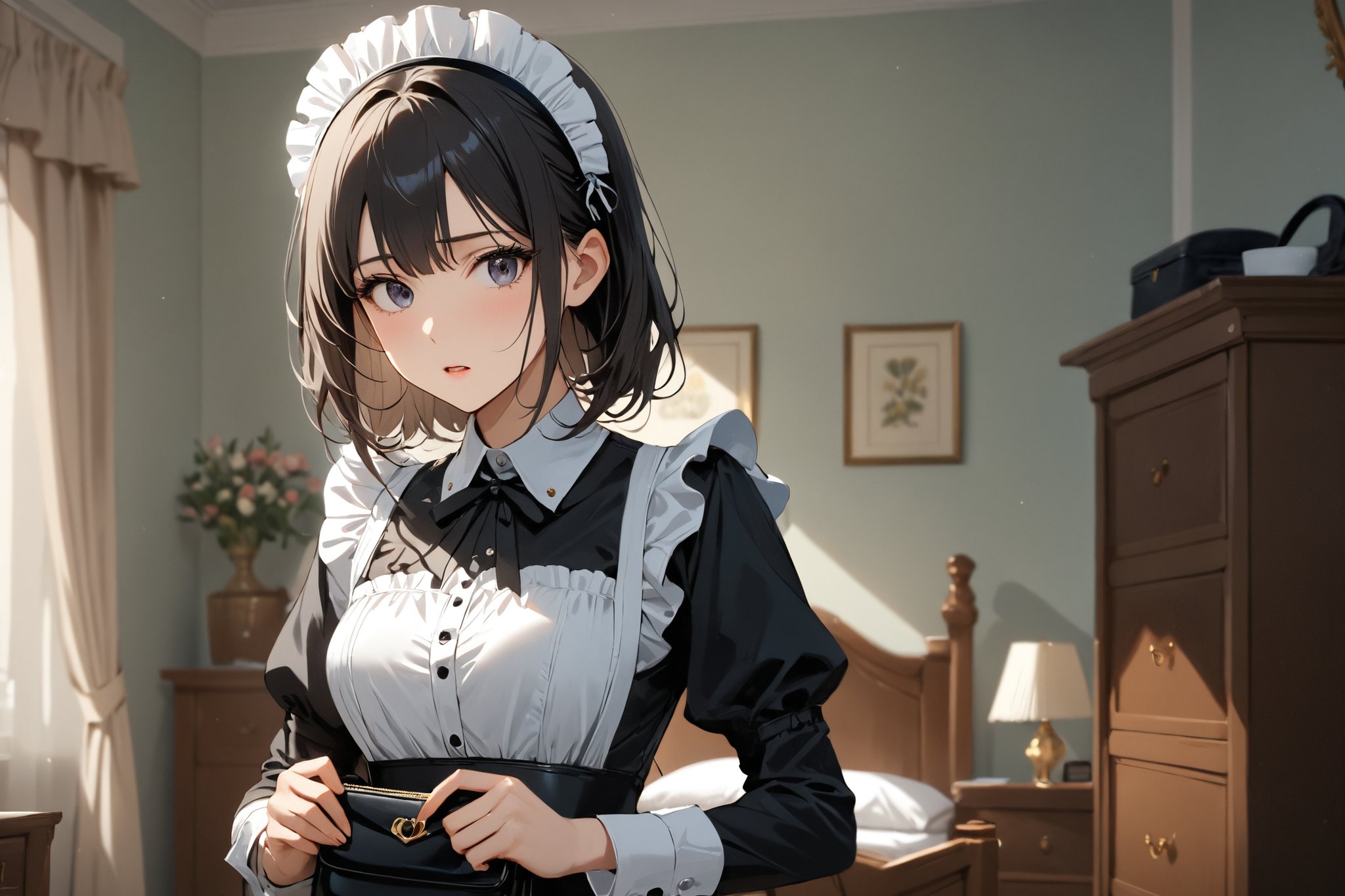 masterpiece, beautiful and aesthetic, ultra detail, intricate, a maid, (puzzled expression), (holding a black leather purse), standing on bedroom, at home