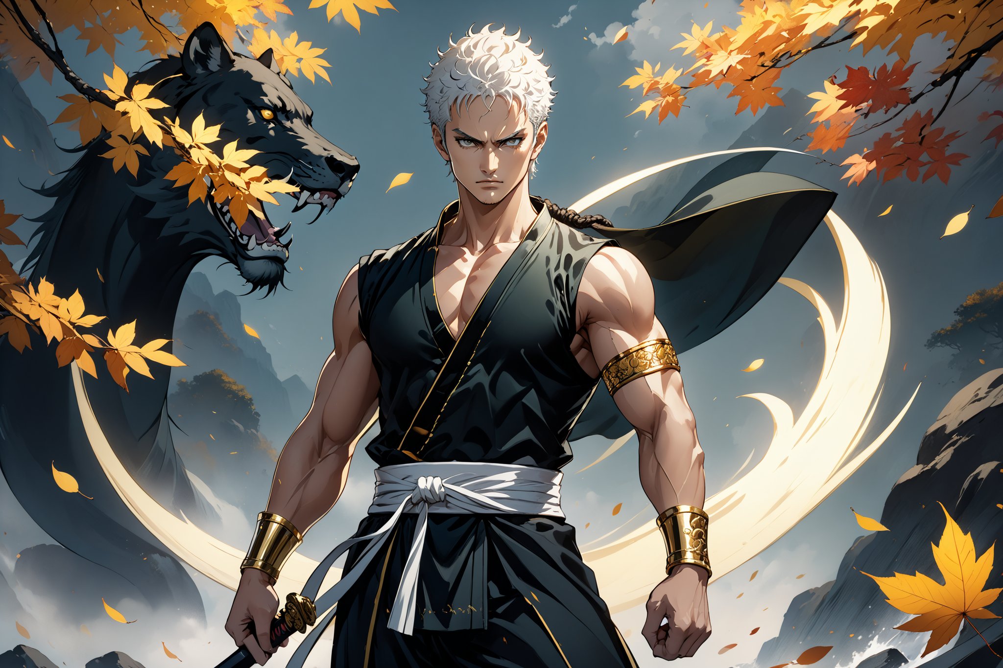 masterpiece, beautiful and aesthetic, ultra detail, intricate, 1male, solo, representation of the legendary martial artist, Roronoa Zoro features, detailed character design, serious expression, (white hair), exquisite body, strong abdominal muscles, (golden armlet:1.5), black half gloves, black martial arts belt, (black Hanfu, sleeveless), black lace-up ankle brace, (wields a shiny golden broadsword, unique and finely detailed), dynamic pose, he stands tall and resolute, exuding an air of strength and unwavering determination. Chinese martial arts animation style, autumn leaves fluttering around, Inspired by Chinese mythology story, 