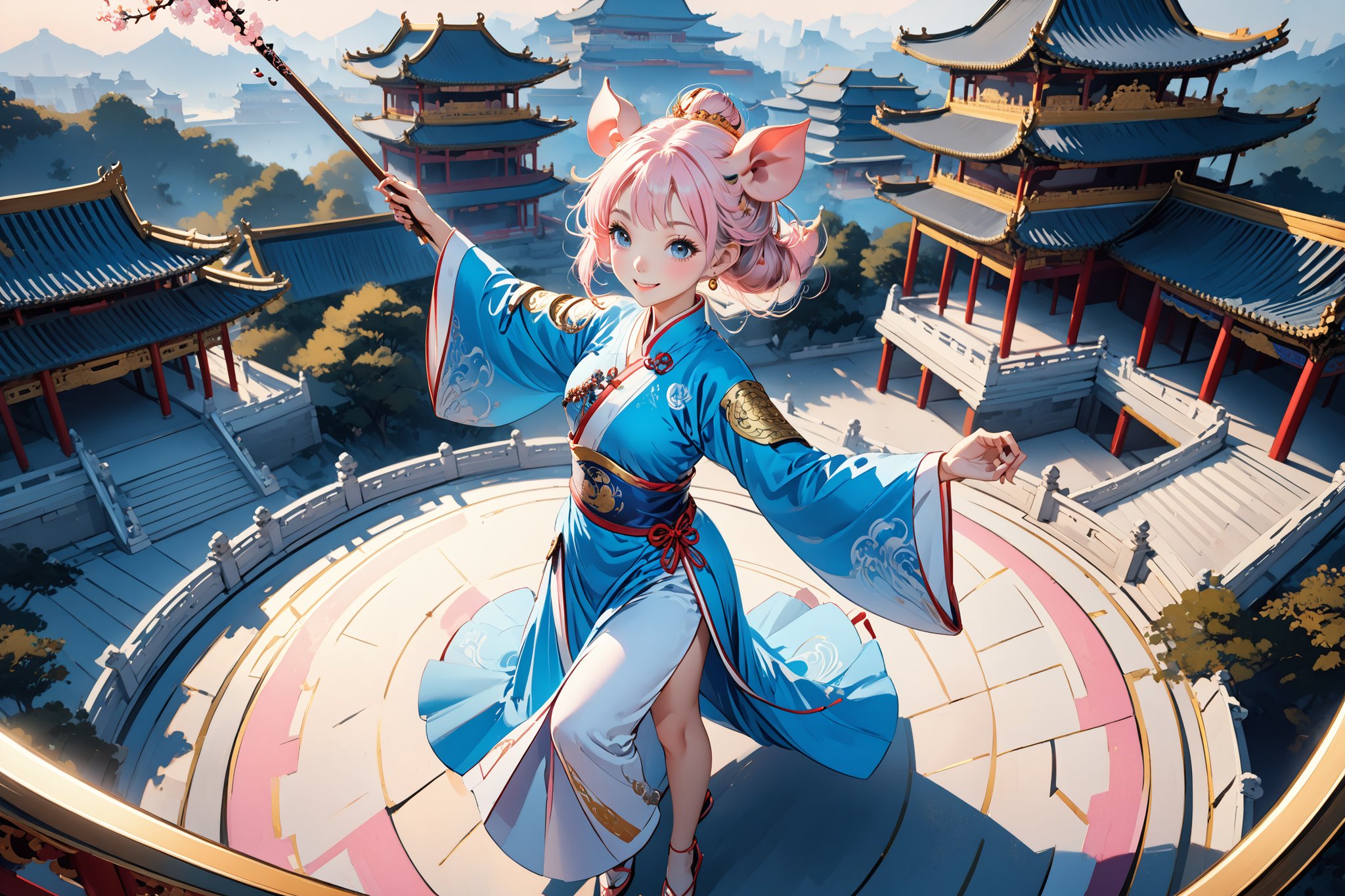 masterpiece, beautiful and aesthetic, ultra detail, intricate, solo, (1female, Pig features, Pig ears), detailed character design, smile sweetly, light pink skin, silver hafu, wide sleeves, blue long skirt, she holding a long stick, (from above:1.5), dynamic pose, Chinese martial arts animation style, outdoors, heavenly palace, countless palaces