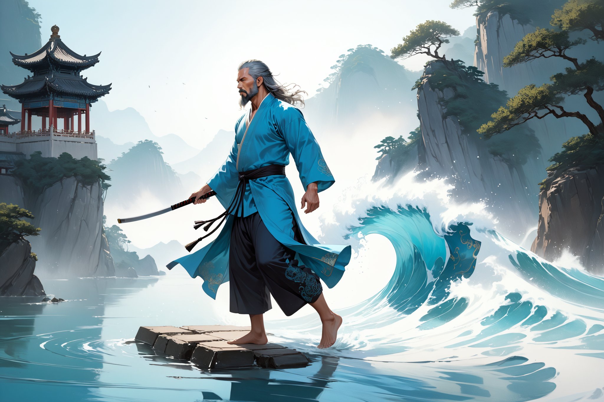 masterpiece, beautiful and aesthetic, ultra detail, intricate, Chinese martial arts animation style, divine, manly, legendary, 1male, solo, (40 years old:1.5), detailed character design, a look of determination, two beards, long grey hair, tall and thin, aqua Taoist robe, upper body, side view, dynamic pose, walking on water, creating a picturesque view of a heavenly palace, wave, bathed in soft and ethereal light.