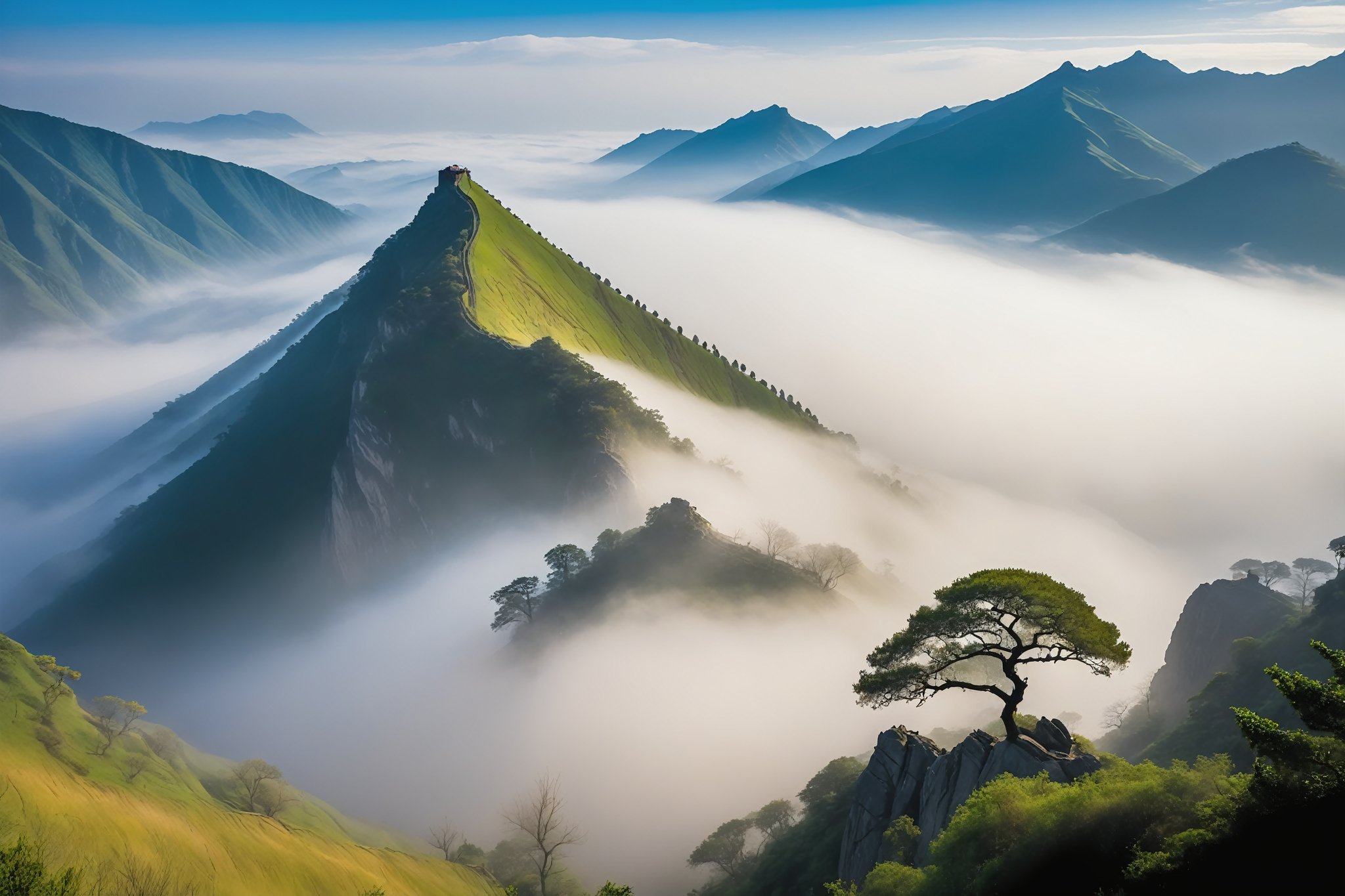 A majestic scene unfolds: Longmen Mountain's serpentine shape stretches across the horizon, its peak vanishing into a veil of cottony clouds and wispy mist. The rugged terrain slopes downward, creating a sense of depth and drama. In the foreground, a lone tree stands sentinel, its branches outstretched like nature's own arms embracing the mist-shrouded mountain.