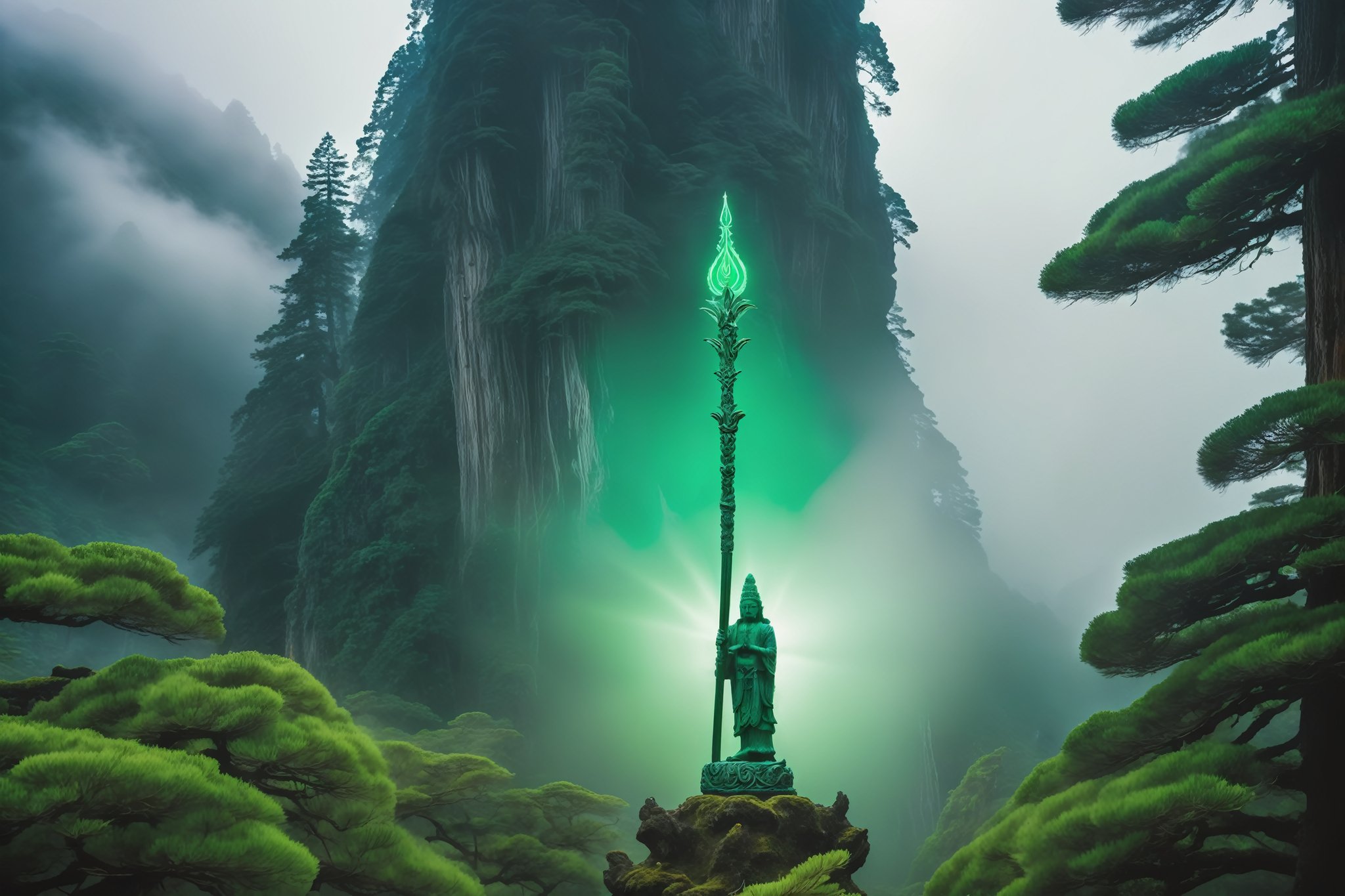 A serene landscape unfolds as a deity holds aloft a majestic pine-wood staff imbued with divine energy, radiating an otherworldly emerald green glow. The camera pans across the mystical setting, capturing the intricate carvings on the staff's surface as it hovers against a backdrop of misty mountains and lush greenery, symbolizing the harmony between nature and the divine.