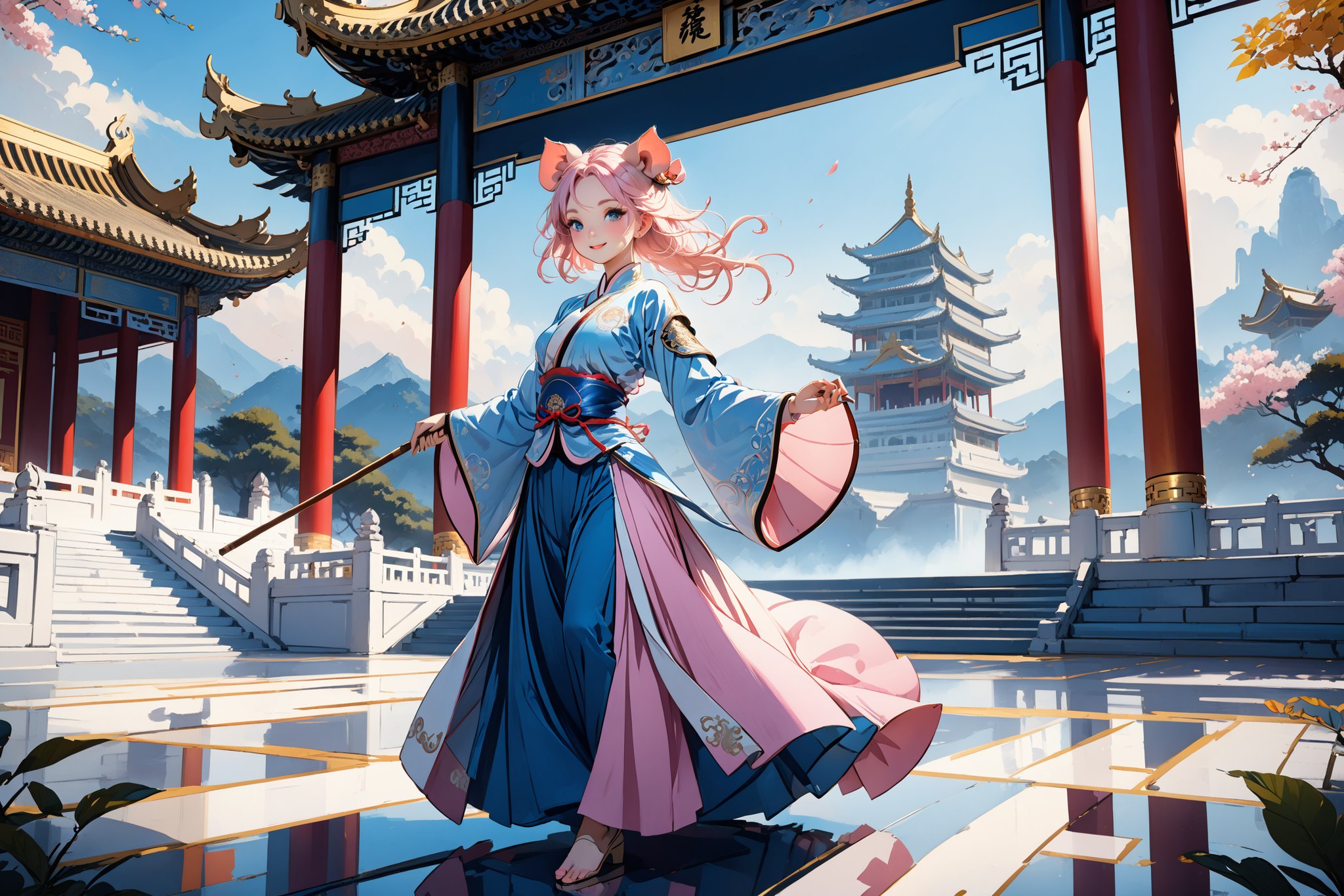 masterpiece, beautiful and aesthetic, ultra detail, intricate, solo, (1female, Pig features, Pig ears), detailed character design, smile sweetly, light pink skin, silver hafu, wide sleeves, blue long skirt, she holding a long stick, (side view:1.5), dynamic pose, Chinese martial arts animation style, outdoors, heavenly palace, countless palaces