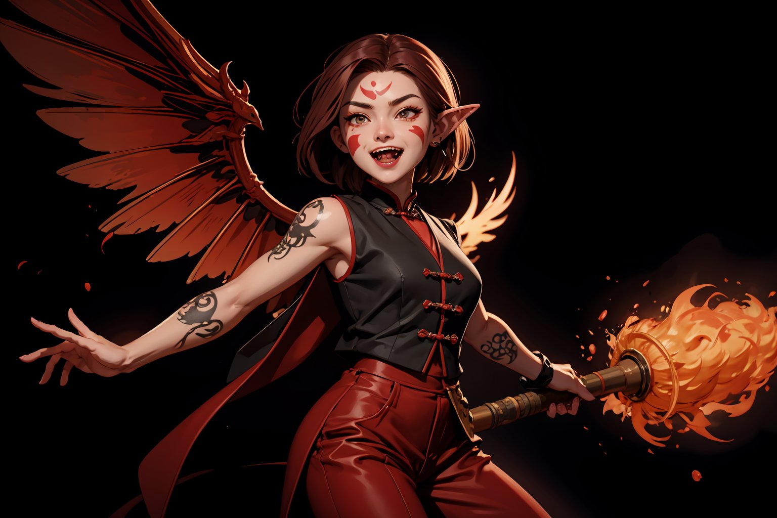 Chinese mythology, solo, 1female, monster_girl, short hair, dark red hair, (facial marks), fierce face, evil face, fangs, sexy lips, (pointed ears), (dark skin), strong body, (phoenix tattoo), (a single wing behind:1.2), (giggle:1.2), dark red vest, long pants, holding a mace, Chinese martial arts animation style