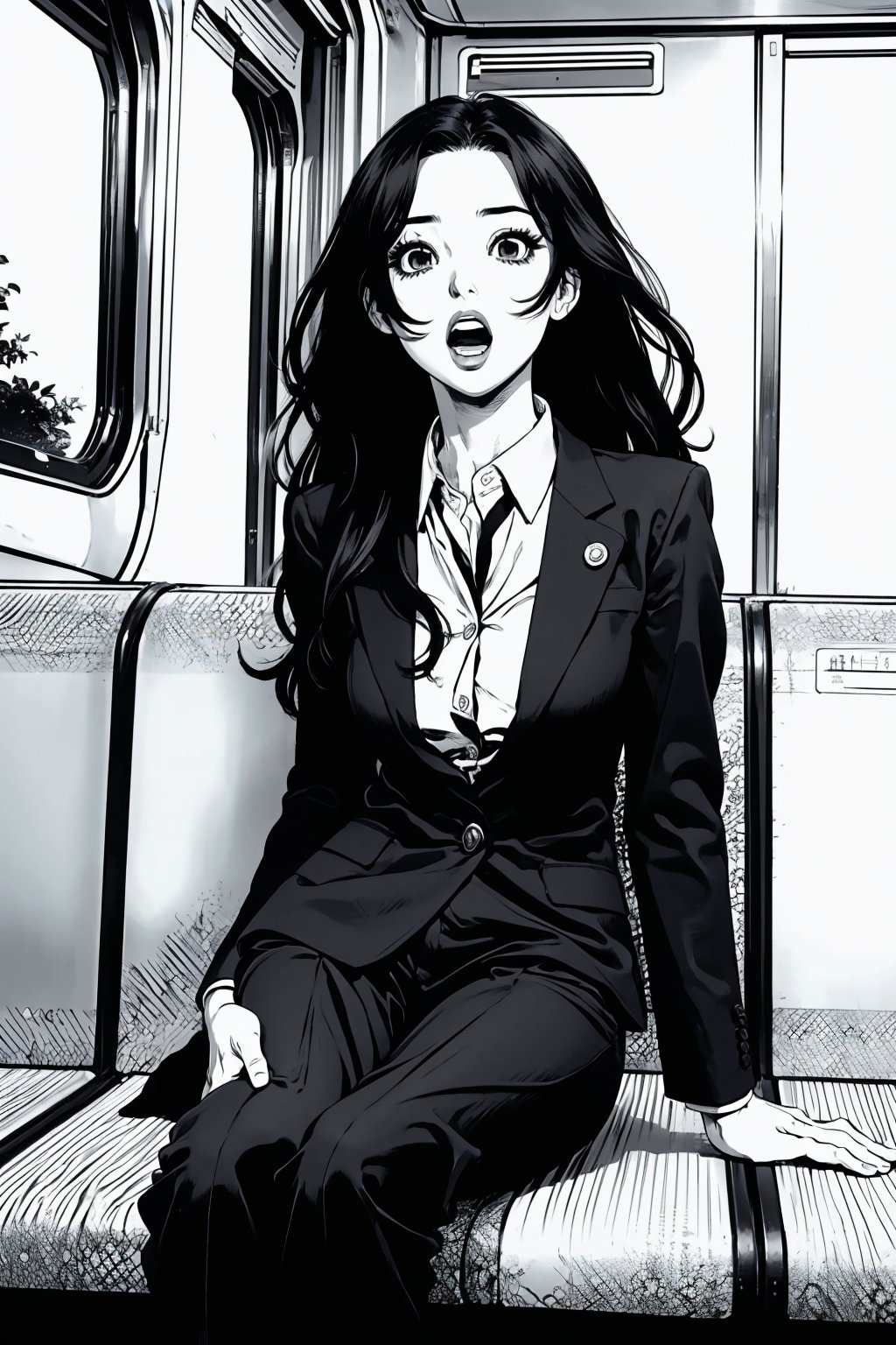 Boichi manga style, monochrome, greyscale, solo, a young lady, long hair, trouser suit, she was sitting in the train compartment, surprised eyes, open mouth, a finger point to the ground, ((masterpiece))