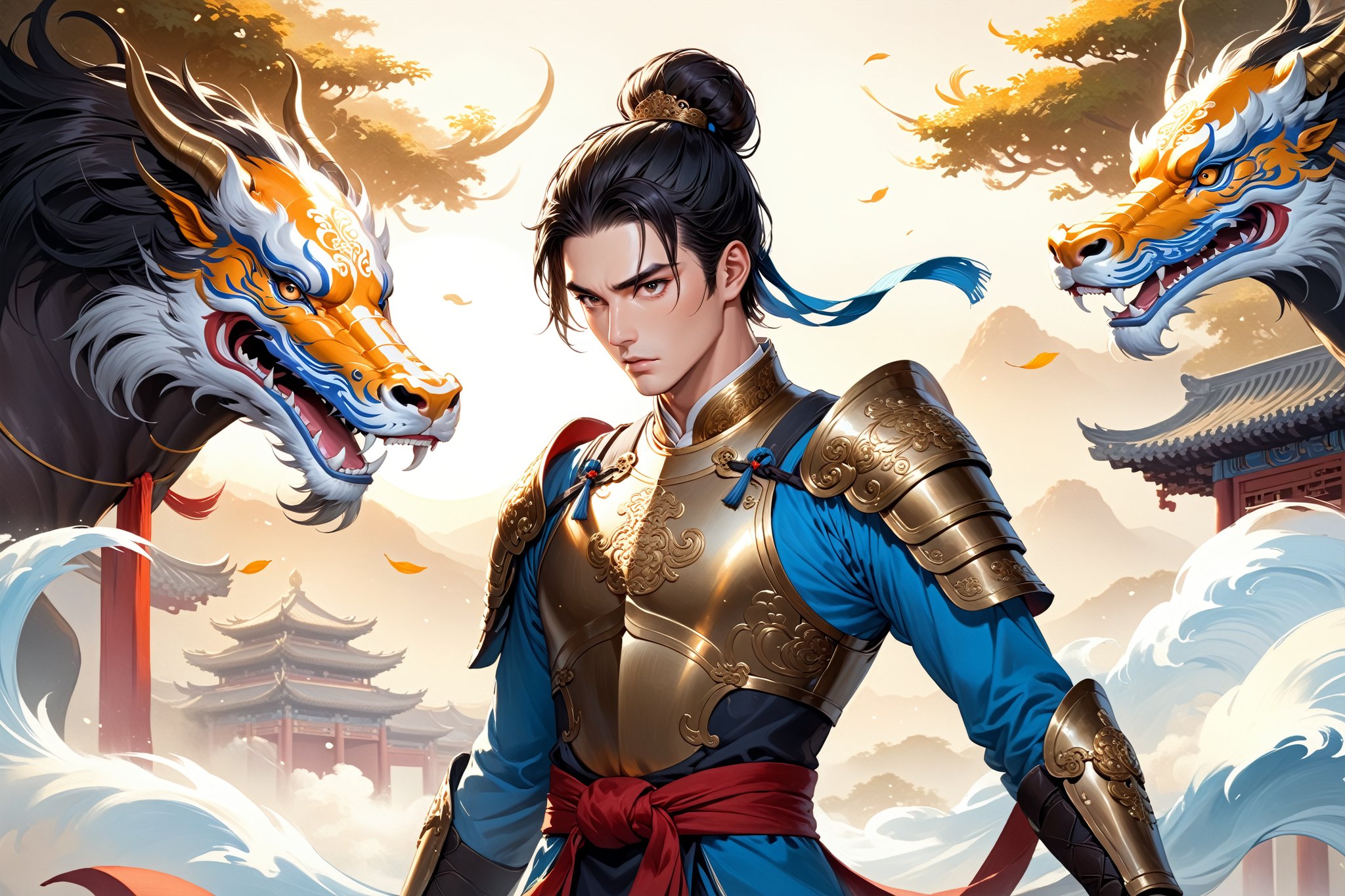 masterpiece, beautiful and aesthetic, ultra detail, intricate, (solo, 1male:1.5), 25 years old, detailed character design, Chinese mythology story, a heavenly guardian, serene expression, manly, bushy eyebrows, wide eyes, wide jaw, (black hair, a single hair bun), tall and lean, (Han Chinese clothing, armor, brown), from view, dynamic pose, standing, holding a book, creating a picturesque view of a heavenly palace, in soft and ethereal light.