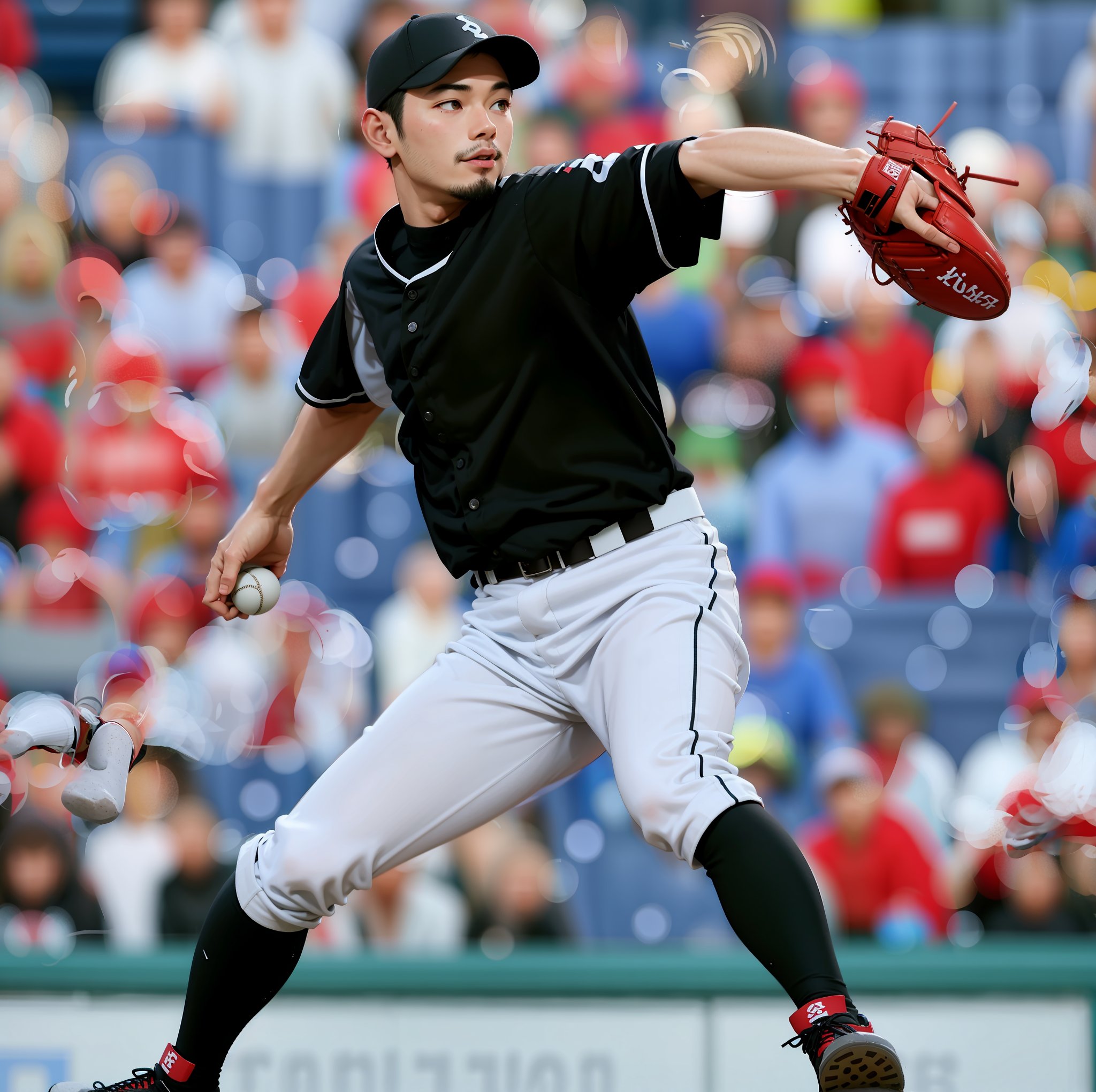 solo, 1male, Japanese, shirt, hat, holding, full body, male focus, shoes, socks, belt, pants, blurry, blurry background, facial hair, baseball cap, sportswear, realistic, white pants, baseball, baseball uniform, baseball mitt