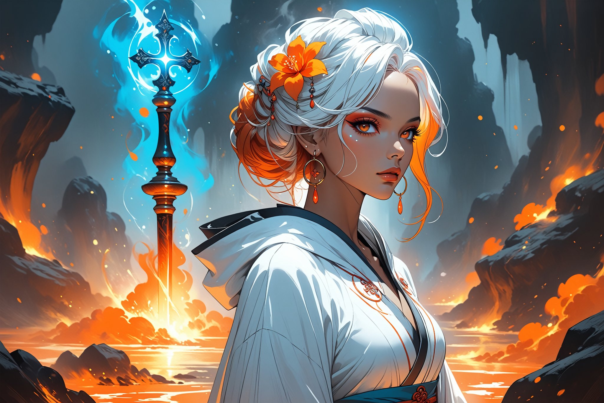 masterpiece, beautiful and aesthetic, ultra detail, intricate, 1female, 40 years old, detailed character design, sorceress, mysterious, a red mole on forehead, orange eyes, hoop earrings, (medium hair, updo, Split-color Hair, white Hair, Orange Hair), hair flower, bangle, short stature, tan skin, hooded cloak, (Taoist long robe, orange), cane, full body, dynamic pose, her hands crackling with arcane energy, standing on lava, smokey, mysterious colorful, magic effect, Sketch art, cross-hatching, colored pencil painting, limited palette, in heavenly palace