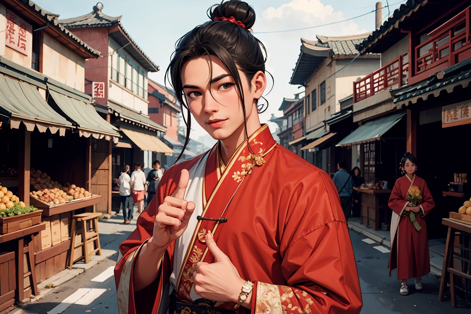 Masterpiece, best quality, detailed character design, UHD, (solo, 1male:1.5), 25 years old, a traditional Chinese physician, serene expression, manly, (wide jaw), light smile, (black, single hair bun:1.3), tall and lean, (accurate body and hand anatomy), (four fingers and a thumb:1.5), hanfu, elegant, upper body, looking at viewer, ancient market and people in the background, outdoors, ancient China style,