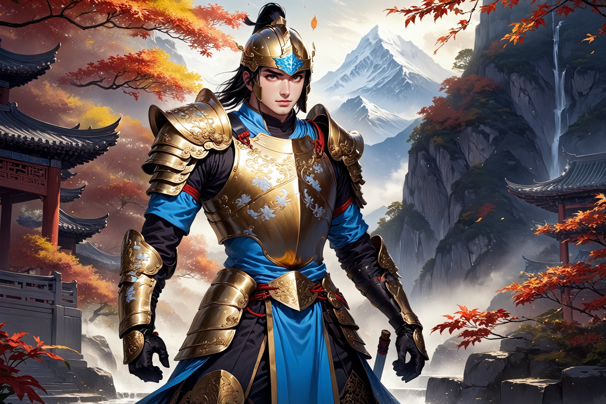 masterpiece, beautiful and aesthetic, ultra detail, intricate, (solo, 1male:1.5), 25 years old, detailed character design, a ancient Chinese knight, godlike, divine, manly, bushy eyebrows, wide eyes, wide jaw, light smile, black hair, tall and lean, (Heaven Guard's armor, helmet, golden), glowing, polished metal surfaces, dynamic pose, heroic stance, dramatic lighting, glow, mountain, mists, autumn leaves fluttering around,