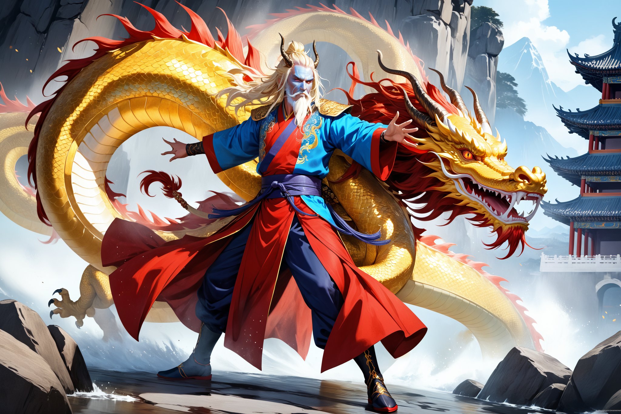 masterpiece, beautiful and aesthetic, ultra detail, intricate, 1man, solo, 55 years old, (Dragon King), detailed character design, (Chinese dragon features, dragon eyes, dragon nose, dragon beard), (messy hair, golden hair), blue face, (glistening scales skin), domineer expression, tall and strong, (red imperial robe), full body, dynamic pose, Inspired by Chinese mythology story, dragon palace