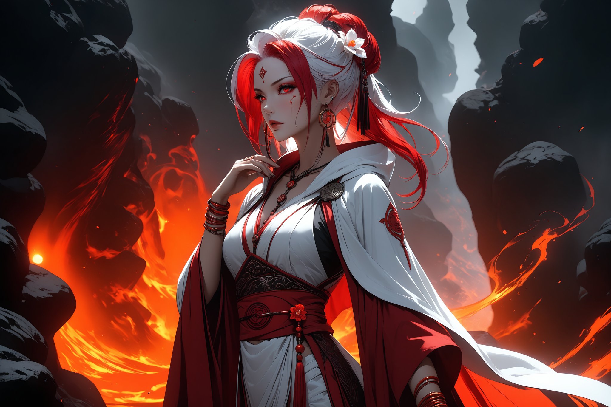 masterpiece, beautiful and aesthetic, ultra detail, intricate, 1female, 40 years old, detailed character design, sorceress, mysterious, (a red mole on forehead:1.2), red eyes, hoop earrings, (medium hair, traditional Chinese updo, Split-color Hair, white Hair, red Hair), hair flower, bangle, short stature, hooded cloak, (Taoist robe, pants, orange), cane, (from side:1.5), dynamic pose, her hands crackling with arcane energy, standing on lava, smokey, mysterious colorful, magic effect, in heavenly palace