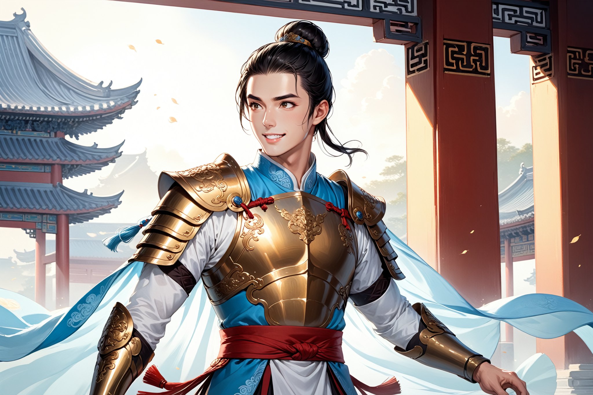 masterpiece, beautiful and aesthetic, ultra detail, intricate, (solo, 1male:1.5), 25 years old, detailed character design, Chinese mythology story, a heavenly guardian, serene expression, manly, bushy eyebrows, wide eyes, smile sweetly, (wide jaw:1.5), (black hair, a single hair bun), tall and lean, (Han Chinese clothing, armor, brown),  dynamic pose, taking a book, creating a picturesque view of a heavenly palace, bathed in soft, ethereal light.