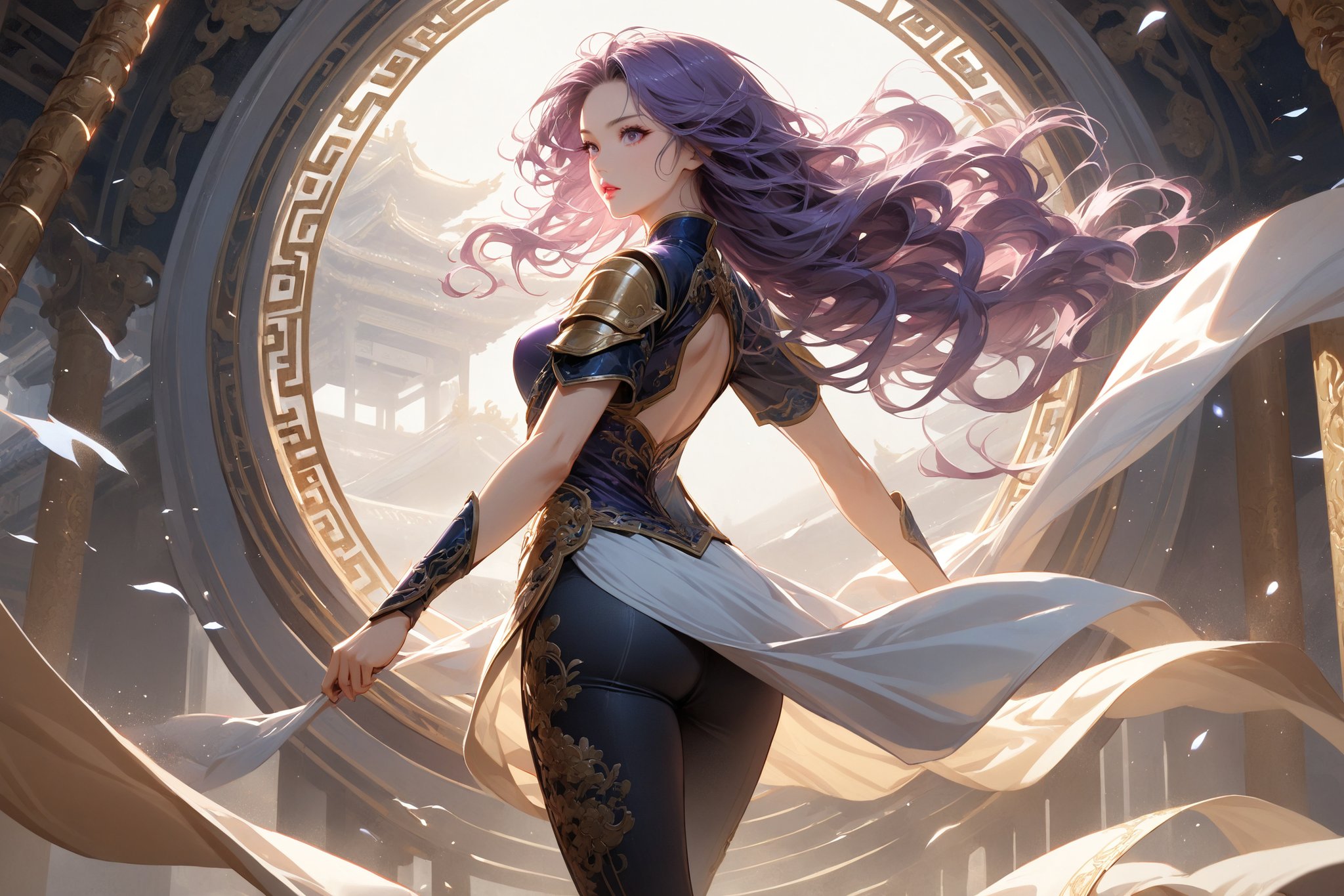 masterpiece, beautiful and aesthetic, ultra detail, intricate, In Chinese mythology, solo, 1girl, a heavenly guardian, big eyes, pink lips, pretty, long curly hair, purple hair, tall and thin, (Han Chinese Clothing, armor, pants), from behind, dynamic pose, poised as if ready to gallop into battle, creating a picturesque view of a heavenly palace, bathed in soft and ethereal light.